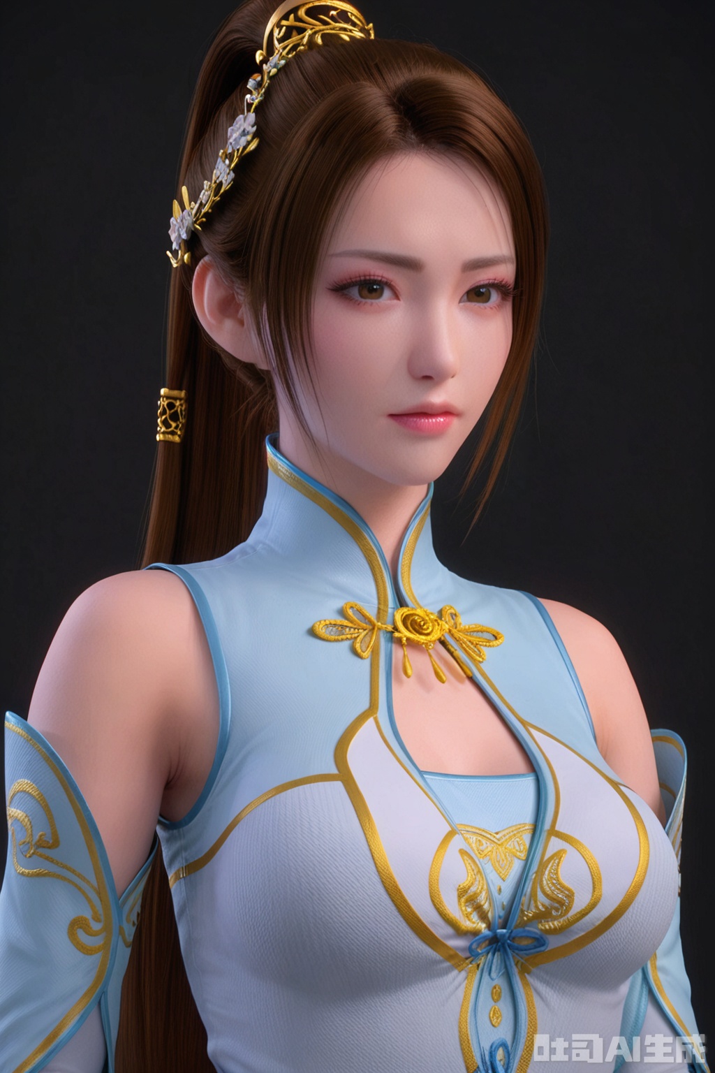 score_9_up,NRYR,1girl, solo, long hair, breasts, brown hair, hair ornament, dress, bare shoulders, brown eyes, upper body, ponytail, detached sleeves, lips, clothing cutout, chinese clothes, black background, realistic