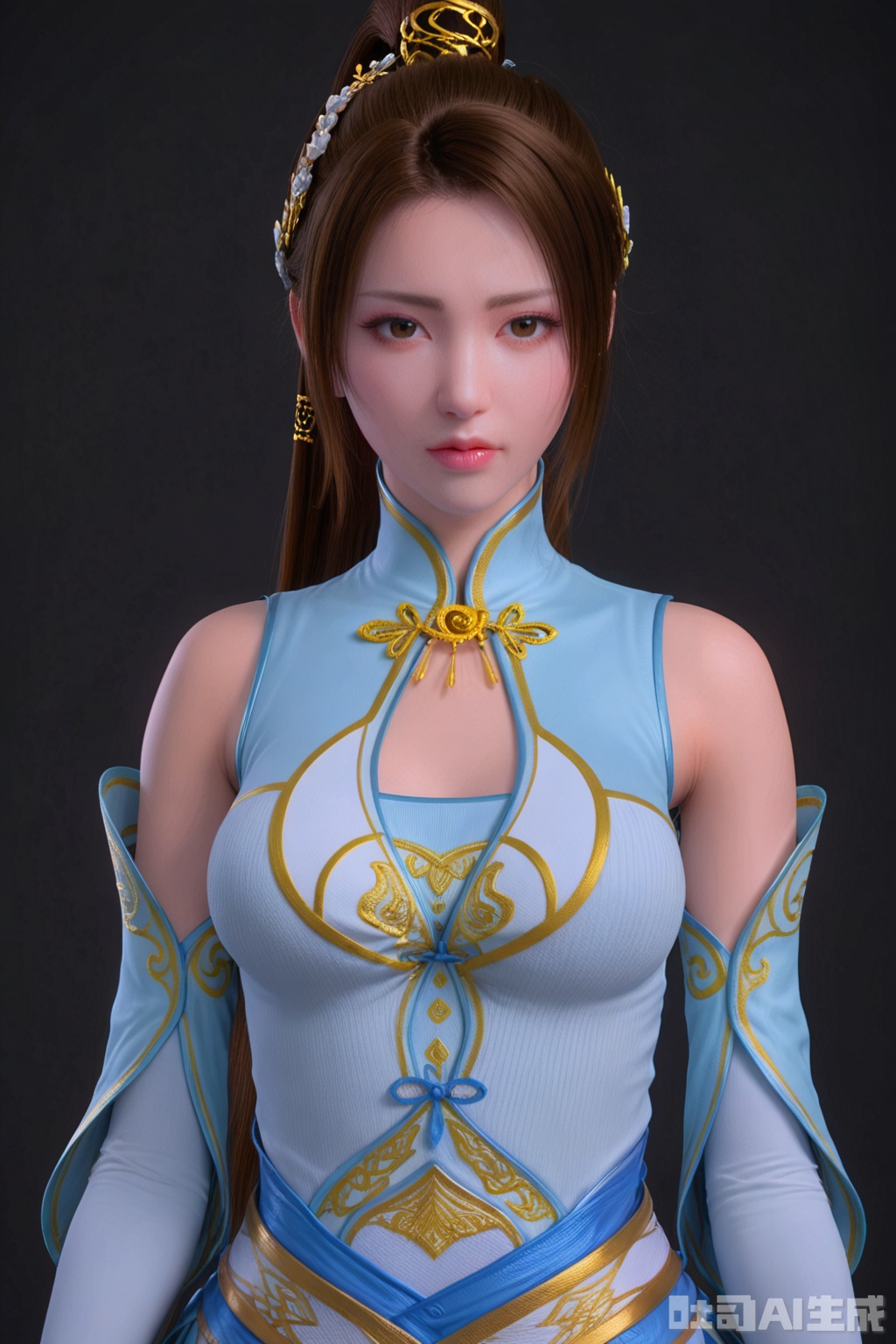 score_9_up,NRYR,1girl, solo, long hair, breasts, brown hair, hair ornament, dress, bare shoulders, brown eyes, upper body, ponytail, detached sleeves, lips, clothing cutout, chinese clothes, black background, realistic