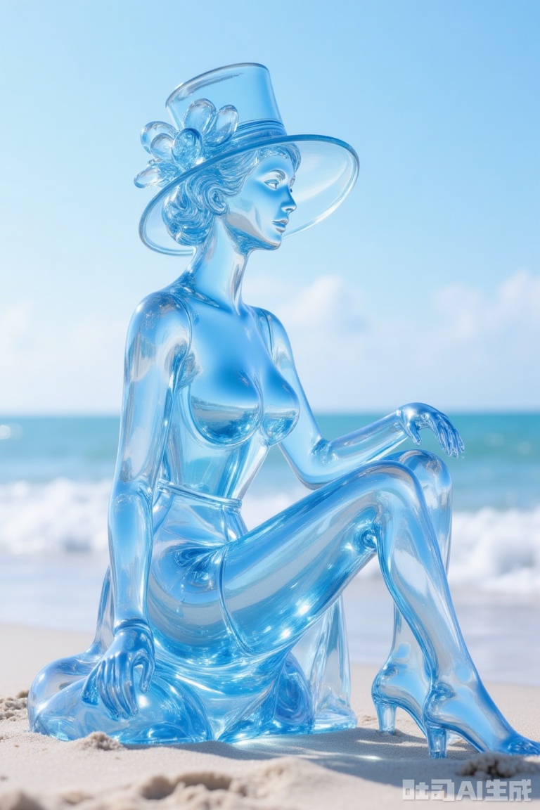 A blue glass bob with long hair and a woman wearing a top hat, sitting on the beach with her feet together on one side., Glassgirl,