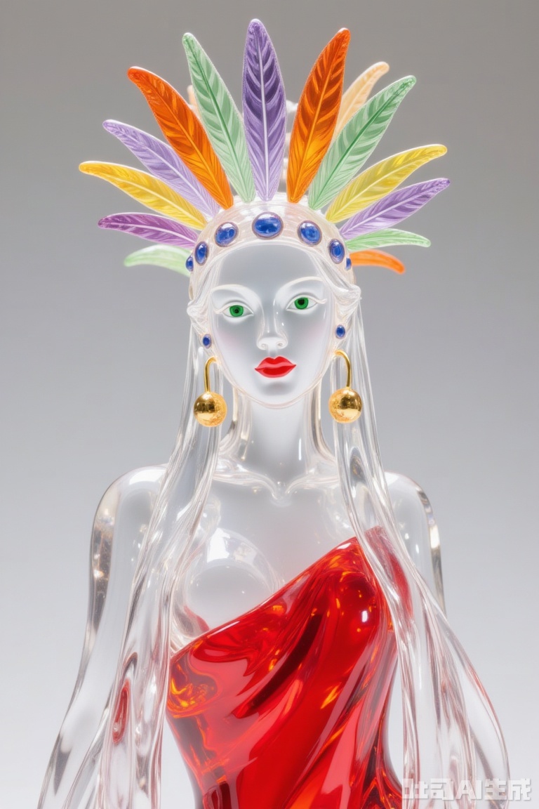 Glassgirl,A long-haired beauty in a transparent white glass dress with red glass clothing. She has green glass pupils and red glass lips. The glass clothing is colorful The lady has long hair. The headdress is made of glass feathers. The glass feathers are orange, yellow, green and purple. This beauty has a glass crown on her. There are some glass small blue circles on the glass crown. She has glass big golden earrings on her ears.
