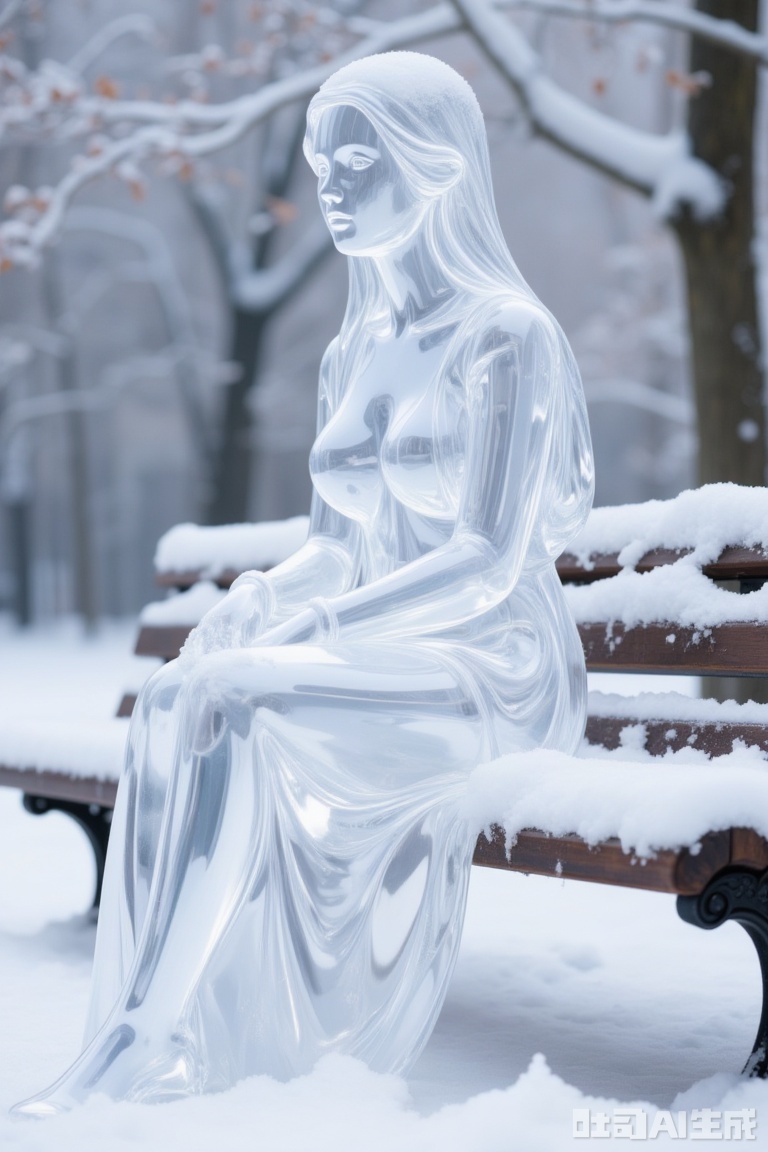 A translucent white glass beauty with long hair draped over her shoulders. She is covered in snow and sits on a park bench. Through her body you can the background. Thick snow covers the entire ground, covering the bench..Glassgirl,