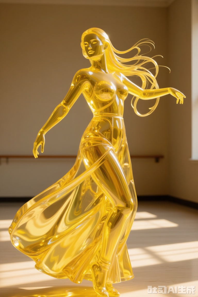 A transparent yellow glass beauty with long hair flowing over her shoulders. Wearing a transparent glass long dress. You can see the background through the body. Dancing in dance studio.Glassgirl,