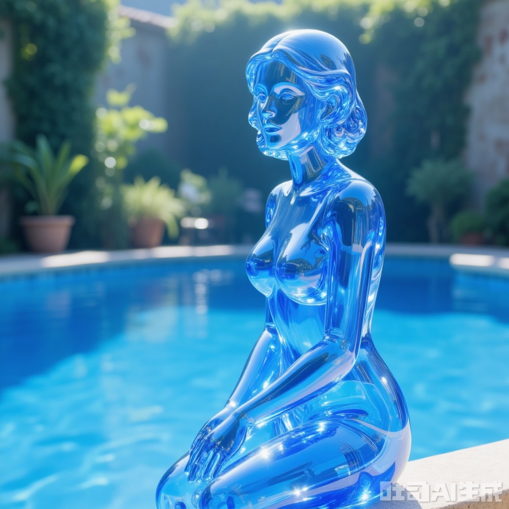 A blue glass hair girl, with a full body . She sits on the edge of the pool and folds her legs in half on one side., Glassgirl,