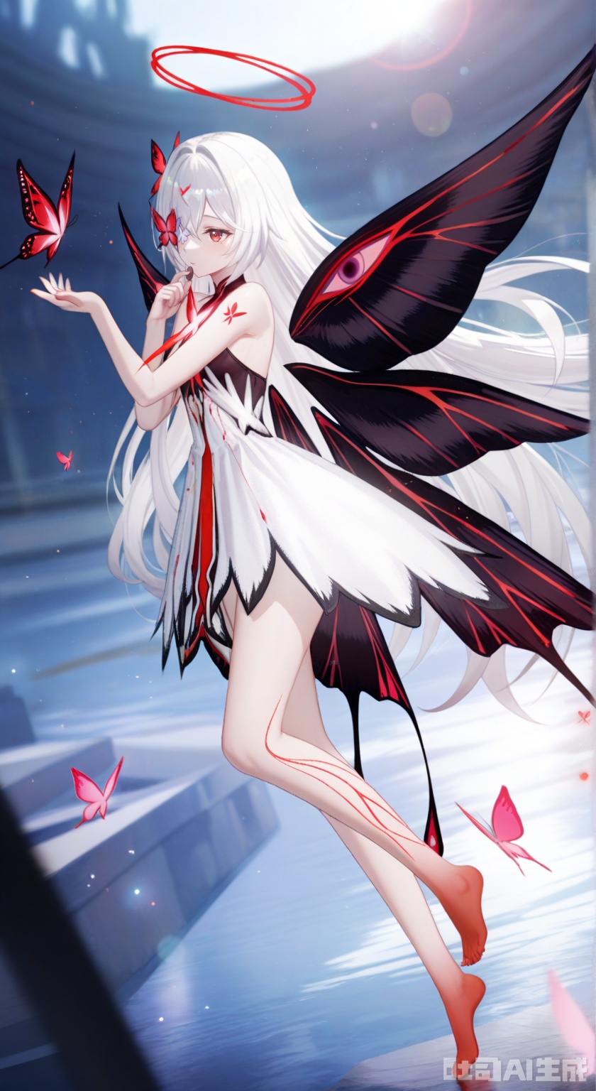 khaos lv.1,1girl, long hair, hair ornament, red eyes, dress, bare shoulders, very long hair, white hair, heart, wings, barefoot,red feet, white dress, tattoo, halo, bug, butterfly, butterfly wings,butterfly over one eye,depth of field, light particles, lens flare, masterpiece,best quality,((artist:reoen),(artist:fuzichoco),(artist:atdan),(artist:torino_aqua:0.5),year 2024:0.5),(artist:omone_hokoma_agm:0.8), 2d, anime,full body,floating,