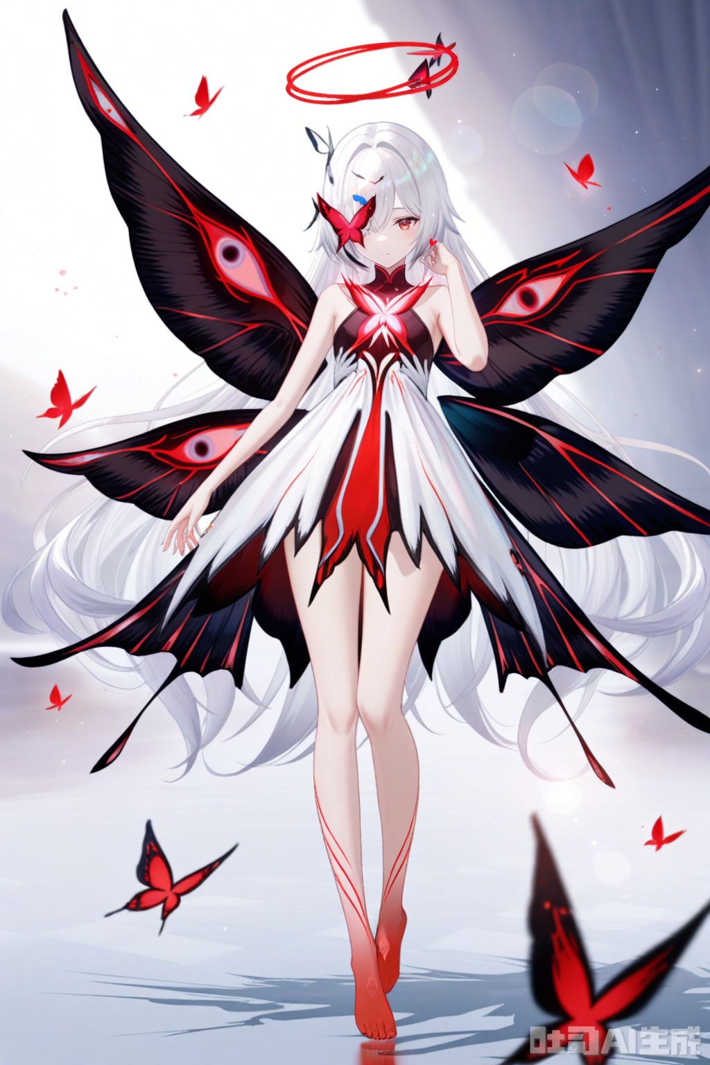 khaos lv.1,1girl, long hair, hair ornament, red eyes, dress, bare shoulders, very long hair, white hair, heart, wings, barefoot,red feet, white dress, tattoo, halo, bug, butterfly, butterfly wings,butterfly over one eye,depth of field, light particles, lens flare, masterpiece,best quality,((artist:reoen),(artist:fuzichoco),(artist:atdan),(artist:torino_aqua:0.5),year 2024:0.5),(artist:omone_hokoma_agm:0.8), 2d, anime,full body,floating,