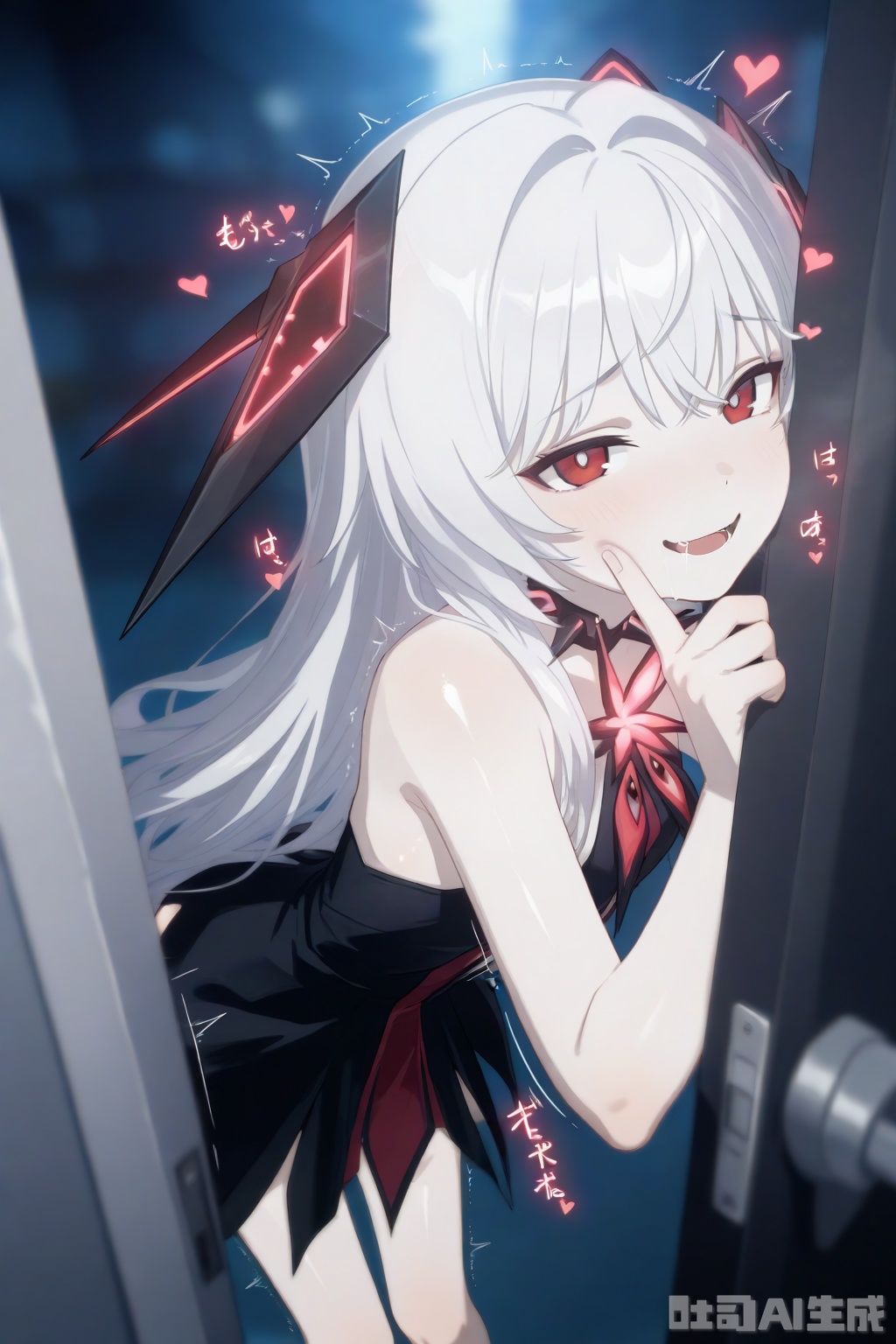 masterpiece,very aware,highres,absurdres,newest,best quality,loli,petite,high quality,
//,
khaos,1girl, looking at viewer,long hair, bangs, red eyes, dress,black dress, bare shoulders, white hair, headgear, pale skin,girl inside the door,  girl opening the door, bend over, being fucked from behind, moaning from side, a lot of sound effects "AH" and floating hearts coming from side, motion lines, sound waves, forced smile,open mouth, face focus,trembling,
//,
official art,depth of field,detailed light,blurry background,best shadow,shiny skin,cinematic lighting,ray tracing,
amazing quality,very aesthetic,absurdres,beast quality,ultra detailed,newest,8K,HDR,
//,
,,