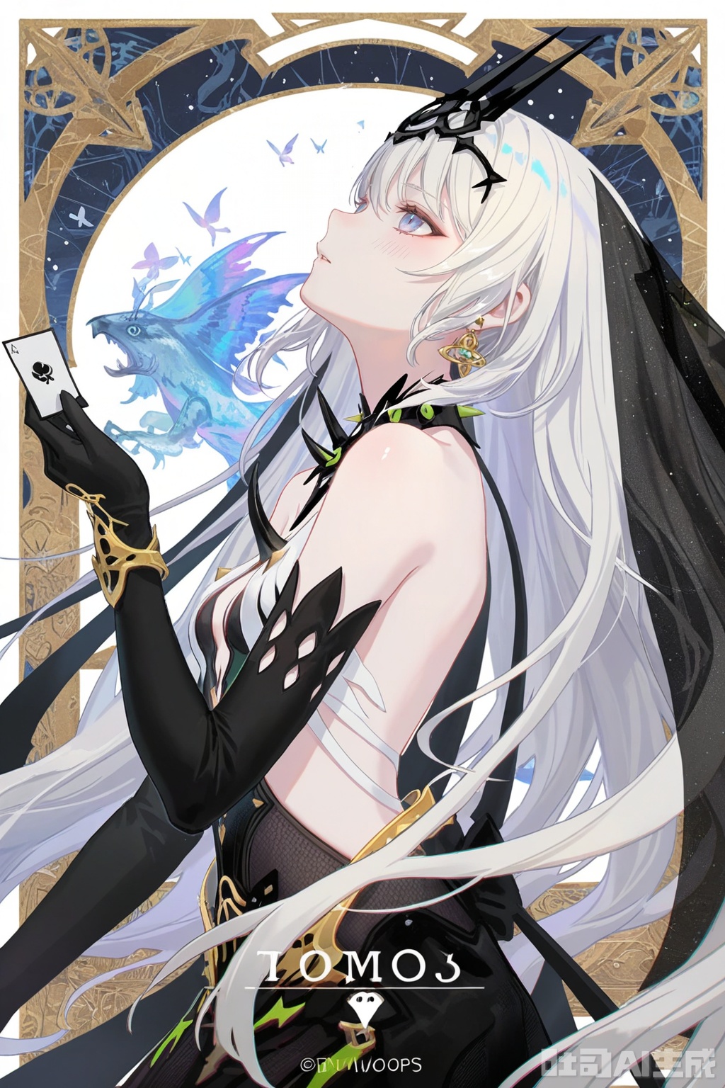 8k,best quality,masterpiece,(ultra-detailed),(high detailed skin),((artist:reoen),(artist:fuzichoco),(artist:atdan),(artist:torino_aqua),year 2024:0.8)1girl,[artist:wlop],[artist:ningen_mame],artist:ciloranko,[[artist:rhasta]],artist:tidsean,colorful,jijia,2d,ambient light,
white hair,khaos,mobius, mobius's def clothes, black Trident Crown, 1girl, black gloves, black dress, earrings,
1girl, solo,  looking at the audience, facing up, upper body, holding, white background, blush,  separate lips, look back, simple background, 
 (card_\(theme\): 1.1), solo, (white-color-scheme: 1.1), character card, thick line, solo, mural, holy light, card border, frame pattern,Tarot,Mumu style, ChuJiujiu,