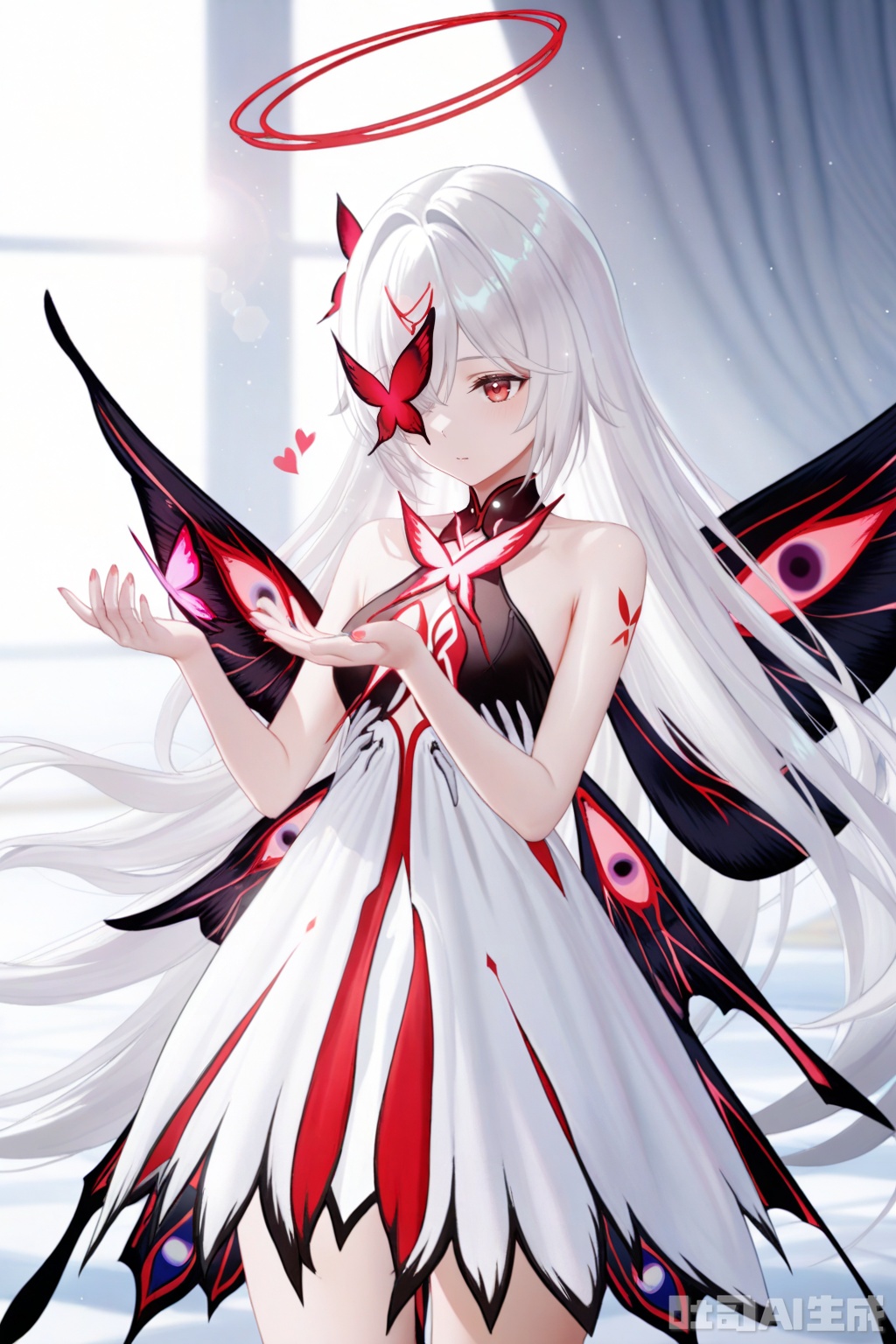 khaos lv.1,1girl, long hair, hair ornament, red eyes, dress, bare shoulders, very long hair, white hair, heart, wings,white dress, tattoo, halo, bug, butterfly, butterfly wings,butterfly over one eye,depth of field, light particles, lens flare, masterpiece,best quality,((artist:reoen),(artist:fuzichoco),(artist:atdan),(artist:torino_aqua:0.5),year 2024:0.5),(artist:omone_hokoma_agm:0.8), 2d, anime,cowboy shot,