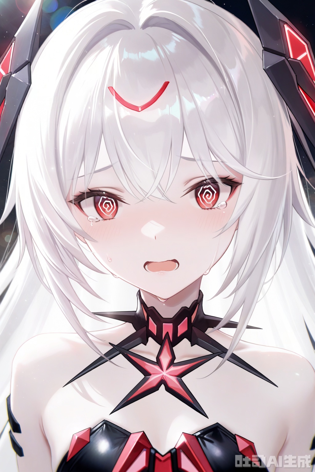  khaos,1girl, looking at viewer,long hair, bangs, red eyes, dress,black dress, bare shoulders, white hair, headgear, pale skin,hair ornament,looking at viewer,tears,portrait, @ @, open mouth,,depth of field, light particles, lens flare, masterpiece,best quality,((artist:reoen),(artist:fuzichoco),(artist:atdan),(artist:torino_aqua:0.5),year 2024:0.5),(artist:omone_hokoma_agm:0.8), 2d, anime,