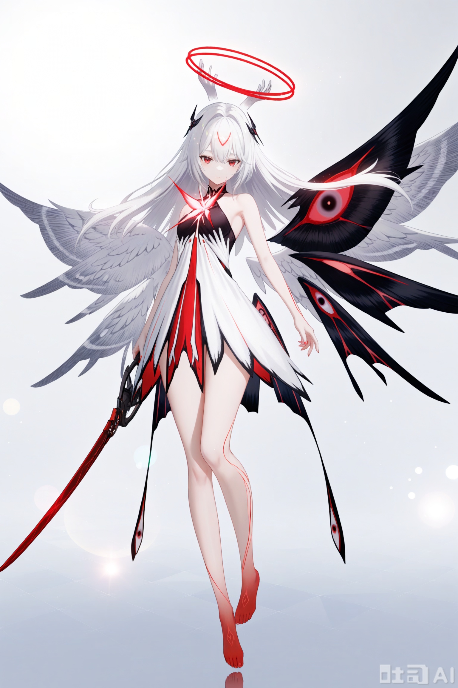 khaos lv.2,1girl, long hair,red eyes, dress, holding, weapon, white hair, wings,black and white wings, barefoot, sword, holding weapon, gradient, halo, holding sword, floating, multiple wings,determind eyes,
depth of field, light particles, lens flare, masterpiece,best quality,((artist:reoen),(artist:fuzichoco),(artist:atdan),(artist:torino_aqua:0.5),year 2024:0.5),(artist:omone_hokoma_agm:0.8), 2d, anime,full body,floating,