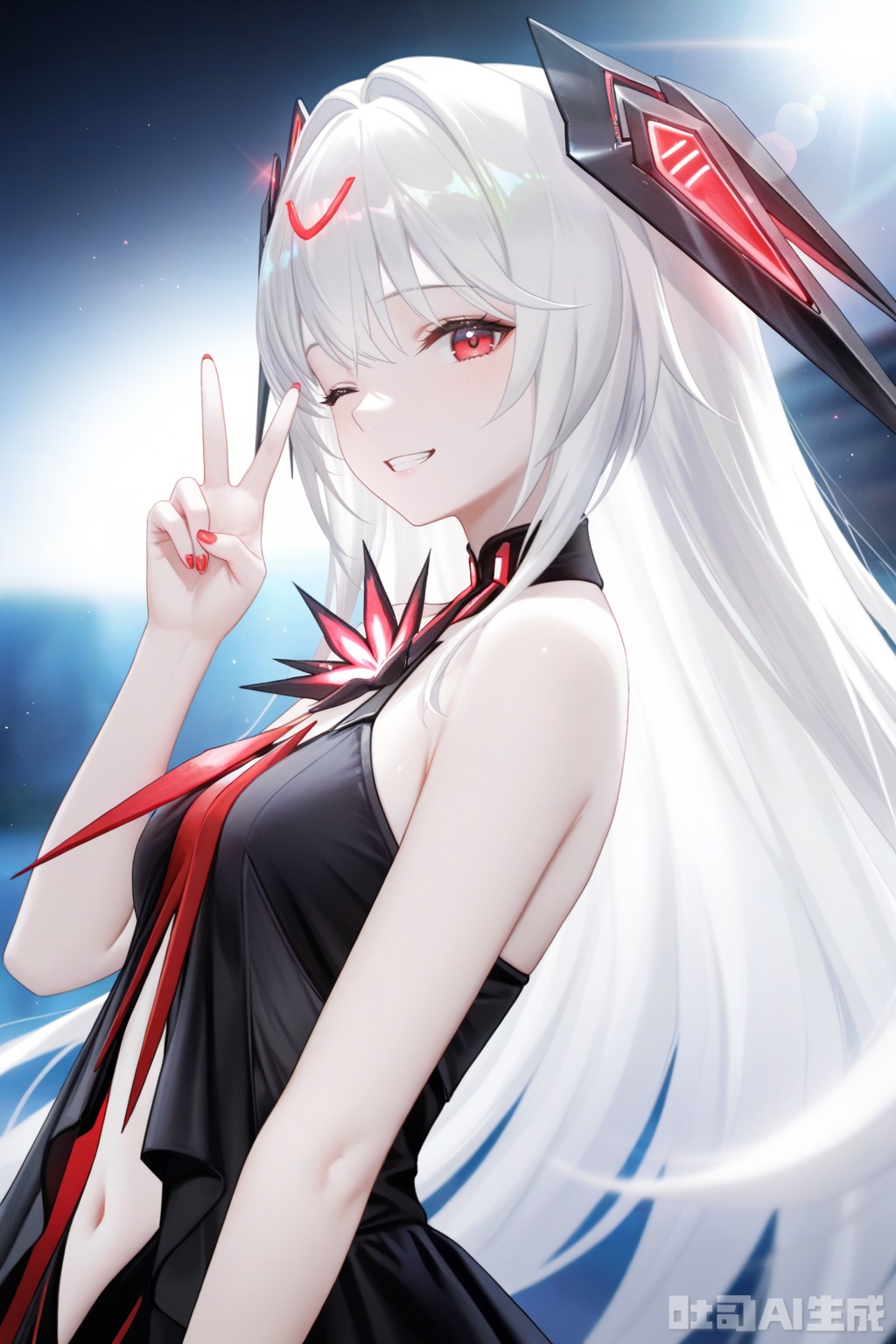  khaos,1girl, long hair, bangs, red eyes, dress,black dress, navel, bare shoulders, white hair, nail polish, headgear, pale skin,soft gentle eyes,gentle expression,depth of field, light particles, lens flare, masterpiece,best quality,((artist:reoen),(artist:fuzichoco),(artist:atdan),(artist:torino_aqua:0.5),year 2024:0.5),(artist:omone_hokoma_agm:0.8), 2d, anime,upper body,from side,protait,looking at viewer,grin,light smile,one eye closed,wink,head titled,v