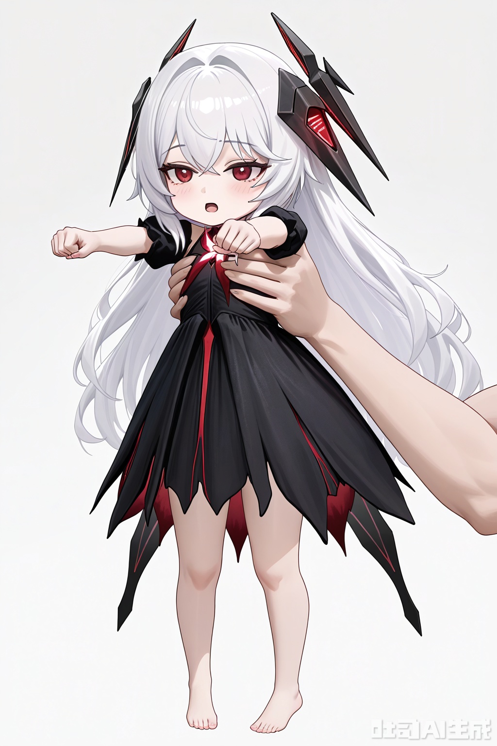 khaos,1girl,dress,black dress,long hair, bangs, red eyes,white hair,barefoot,headgear,(artist:prab:1.08),artist:abpart,(artist:modare:0.8),female focus,best quality,newest,best quality,amazing quality, very aesthetic, absurdres,masterpiece,best quality,newest,IncrsXLLCM,full body, chibi, holding person,open mouth,Stagnation expression