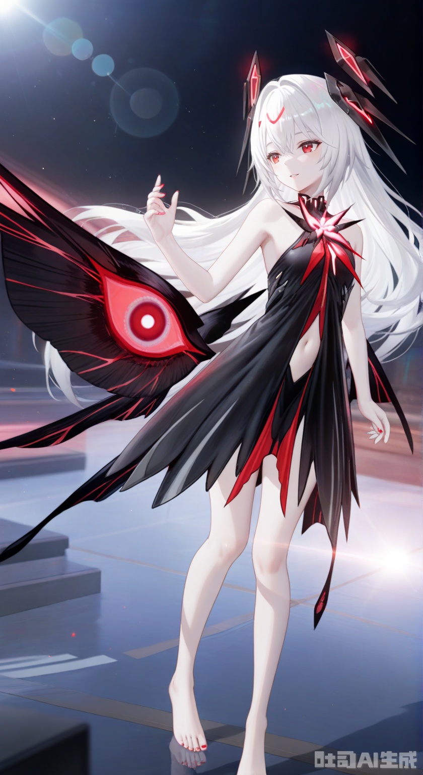  khaos,1girl, long hair, bangs, red eyes, dress,black dress, navel, bare shoulders, white hair, barefoot, nail polish, headgear, pale skin, toenails, toenail polish,soft gentle eyes,gentle expression,parted lips,light smile,depth of field, light particles, lens flare, masterpiece,best quality,((artist:reoen),(artist:fuzichoco),(artist:atdan),(artist:torino_aqua:0.5),year 2024:0.5),(artist:omone_hokoma_agm:0.8), 2d, anime,full body,floating,
