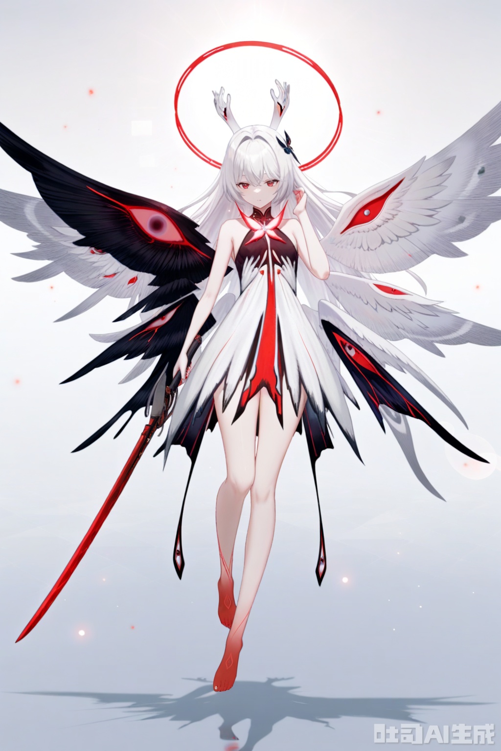 khaos lv.2,1girl, long hair,red eyes, dress, holding, weapon, white hair, wings,black and white wings, barefoot, sword, holding weapon, gradient, halo, holding sword, floating, multiple wings,determind eyes,
depth of field, light particles, lens flare, masterpiece,best quality,((artist:reoen),(artist:fuzichoco),(artist:atdan),(artist:torino_aqua:0.5),year 2024:0.5),(artist:omone_hokoma_agm:0.8), 2d, anime,full body,floating,