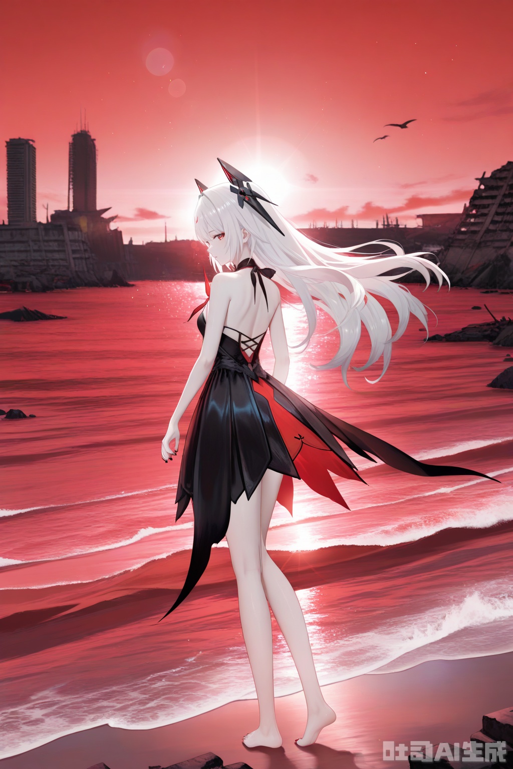 khaos,1girl,solo, looking at viewer,long hair, bangs, red eyes, dress,black dress, bare shoulders, white hair, headgear, pale skin,nail polish,depth of field, light particles, lens flare, masterpiece,best quality,((artist:reoen),(artist:fuzichoco),(artist:atdan),(artist:torino_aqua:0.5),year 2024:0.5),(artist:omone_hokoma_agm:0.8), 2d, anime,scenery, watercraft, outdoors,ravens, ocean, building,red sky, water,red and black theme,standing,from behind,looking at viewer,perfect hands,barefoot,seaside,red sea,red waves,detailed water,good_hands,ruins,from side,