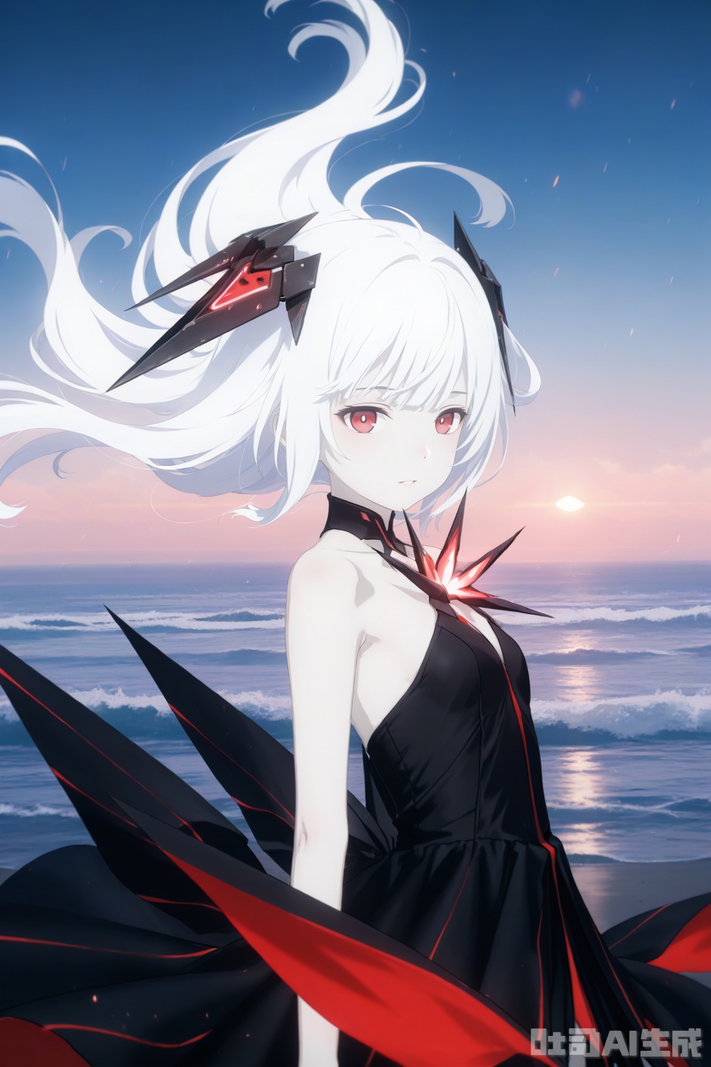 
khaos,1girl,solo,loli,looking at viewer,long hair, bangs, red eyes,bare shoulders, white hair, headgear, pale skin, black dress, floating hair, anime aesthetic,sea,windy,floating hair,,floating dress,from side,