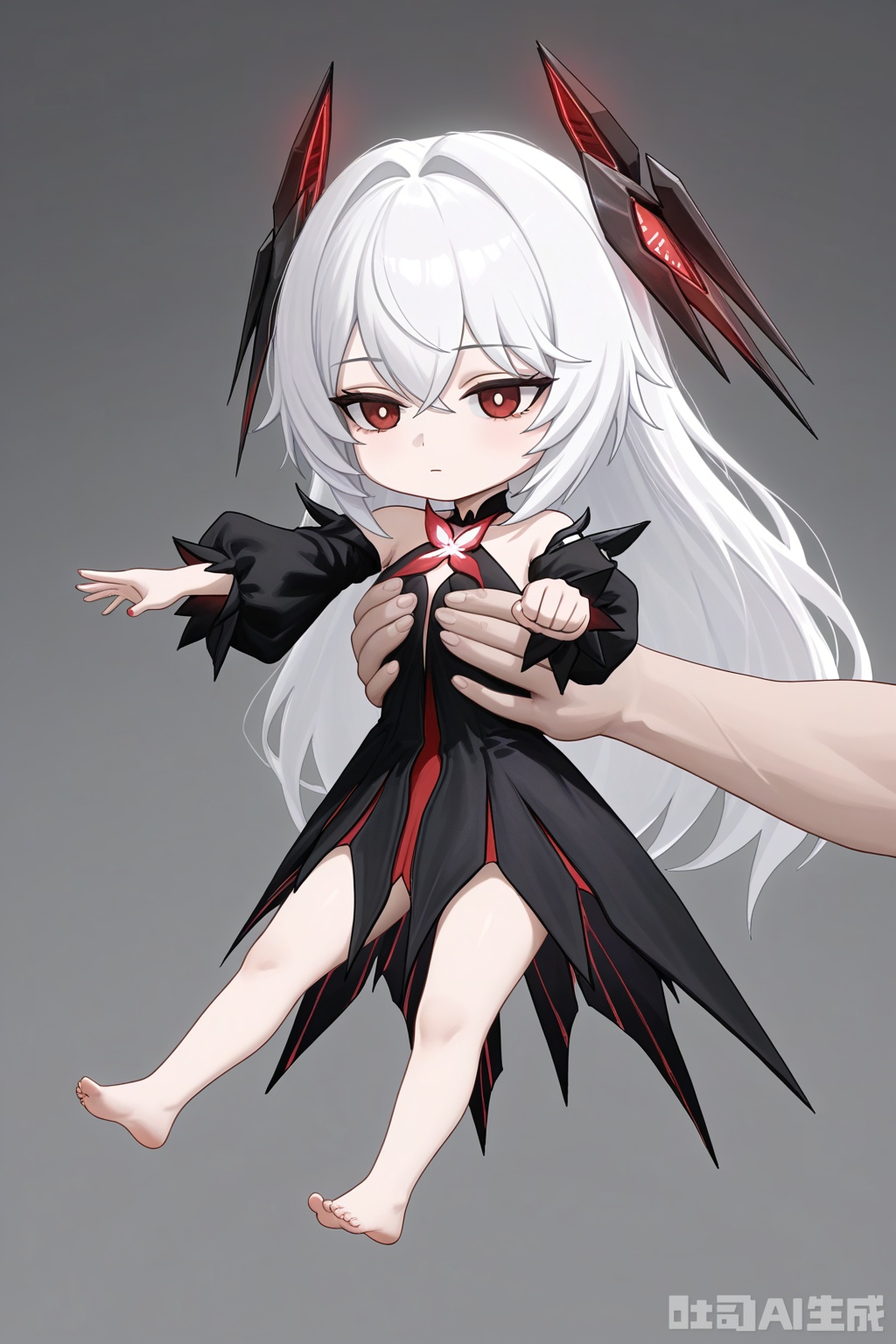 khaos,1girl,dress,black dress,long hair, bangs, red eyes,white hair,barefoot,headgear,(artist:prab:1.08),artist:abpart,(artist:modare:0.8),female focus,best quality,newest,best quality,amazing quality, very aesthetic, absurdres,masterpiece,best quality,newest,IncrsXLLCM,full body, chibi, holding person,expressionless,