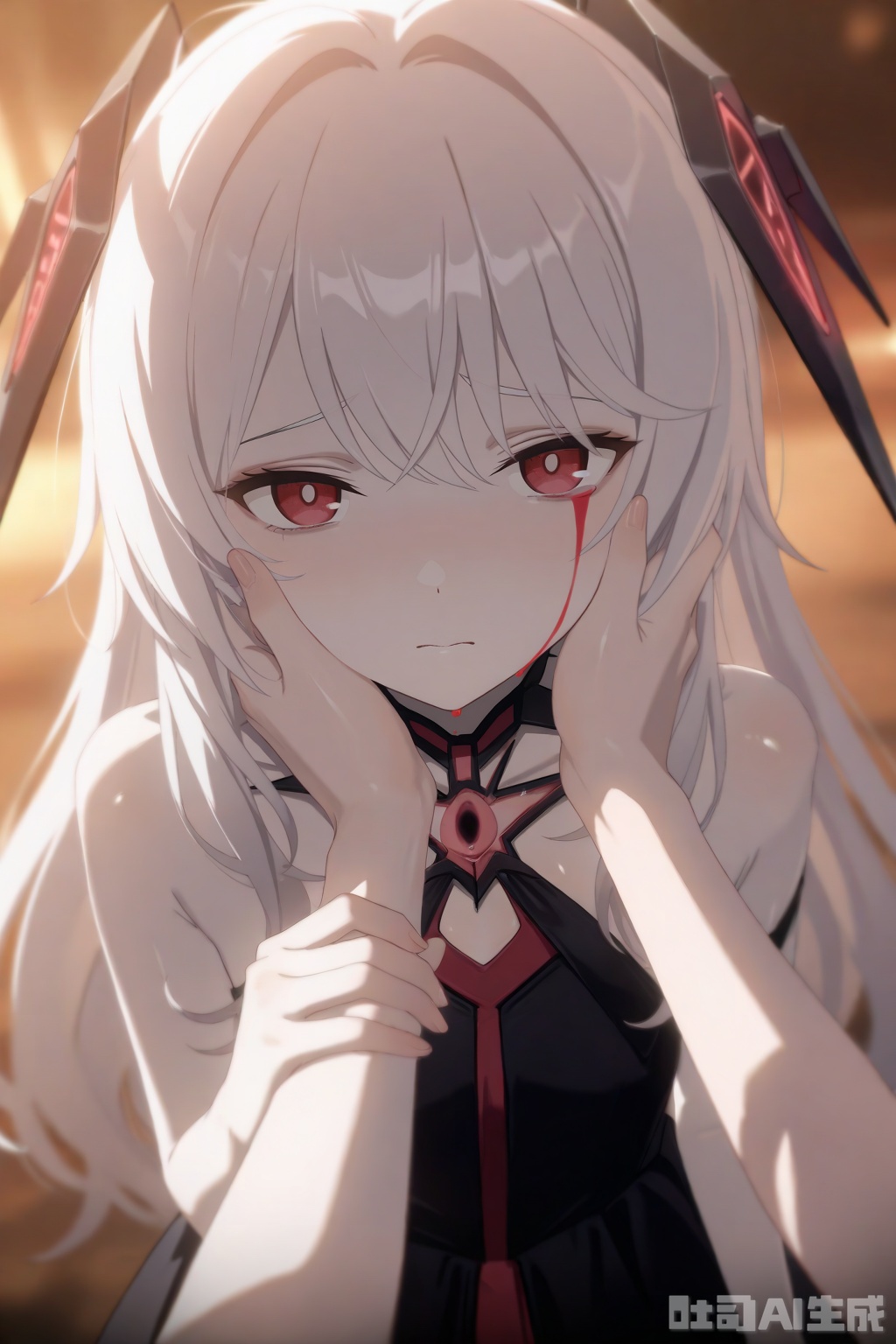 masterpiece,very aware,highres,absurdres,newest,best quality,loli,petite,high quality,
//,
khaos,1girl, looking at viewer,long hair, bangs, red eyes, dress,black dress, bare shoulders, white hair, headgear, pale skin,sad,blood,blood tear,teardrop,pov,single pov hand, hand on girl's face, hand on girl's cheek,
//,
official art,depth of field,detailed light,blurry background,best shadow,shiny skin,cinematic lighting,ray tracing,
amazing quality,very aesthetic,absurdres,beast quality,ultra detailed,newest,8K,HDR,
//,
,,