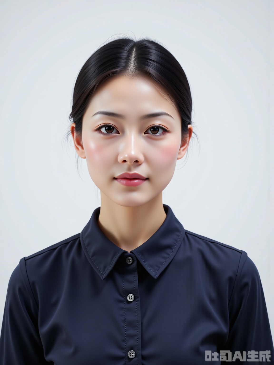 Scene: Pure white textureless background wall, the wall is flat and smooth without decoration, and the height and width are enough to accommodate characters and shooting needs. A professional studio lighting arrangement is adopted, and a large soft light box is installed on the top as the main light source to provide uniform 5500K cool white light to ensure sufficient light on the face and no shadows; a secondary light is placed at 45° angles on both sides, with an intensity of 60% of the main light source, further eliminating shadows; a reflector is installed at the bottom to increase the brightness of the neck and avoid dark parts. The entire shooting environment is clean and clean, without any debris entering the camera.
Character: Wear a dark collared top, the clothes are simple and have no patterns, decorations or texts, and avoid wearing white, light and standard clothing (such as police uniforms, school uniforms, etc.). The hair is neatly combed, all combed backwards without covering your eyebrows, forehead and ears. The long hair must be coiled or tied tightly, and the broken hair must be fixed with hair spray; the hair color is natural black or dark brown, and no dyeing or wearing colorful hair accessories are allowed. Do not wear any jewelry, including necklaces, earrings, bracelets, etc. The makeup is bare-faced, you cannot put on makeup, do not apply lipstick, eye shadow, blush, etc., do not wear contact lenses or false eyelashes to maintain the natural state of facial skin. Sitting on the shooting chair, relaxing shoulders and keeping level, with a straight head, looking straight to the center of the camera, centering the eyeball, naturally closing the mouth, calm facial expressions, and no smile, frowning or other expressions are allowed. The viewing range of the character is from 2-3 cm above the head to 2-3 cm below the clavicle. The head is located in the center of the picture, accounting for about 60%-70% of the picture, ensuring the complete display of the head, neck and part of the shoulders.
Atmosphere: serious, standardized, formal, and meets the rigorous requirements of ID card photos.
Parameters: The resolution is not less than 300dpi, ensuring the picture is clear; the file format is JPEG, and the color mode is RGB; the aperture is set between f/4 - f/5.6, ensuring the character is clear and the background is moderately blurred; the shutter speed is 1/125 - 1/160s, preventing the character from shaking and causing blur; ISO 100 - 200, controlling noise to ensure the picture quality is pure; using a 50 - 85mm focal lens, flat viewing angle, ensuring the normal proportion of facial features and no distortion; only basic adjustments are made in the post-processing, such as brightness and contrast fine adjustment (adjustment amplitude does not exceed ±5%), correcting color offset, removing obvious stains on the face, etc., do not overly wear or liquefy, and retain real facial features.
