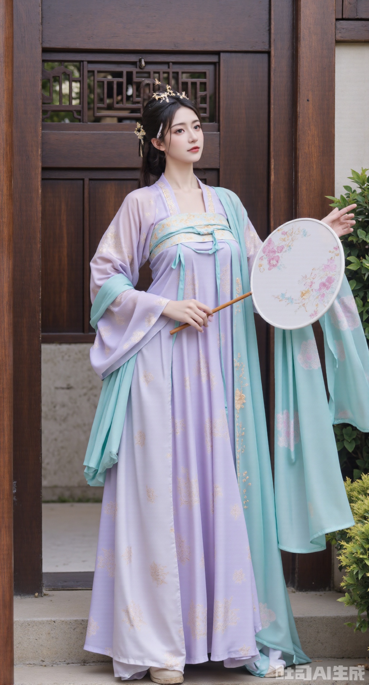 (masterpiece, best quality:1.23),A beautiful girl with a perfect figure and long legs wearing a qixiong shanqun of Tang dynasty hanfu. The light - blue qixiong shirt is as light as gauze, embroidered with butterfly patterns in colorful silk threads, vividly. ,(huge breasts, full breasts:2.58),Paired with a light - purple high - waist Pleated skirt, the skirt hem is embroidered with golden ruyi cloud patterns, meaning good luck. She drapes a light - cyan pibo shawl over her shoulders. The girl holds a round fan painted with orchids, standing in front of the moon - shaped door of a Chinese - style courtyard. There are potted bamboo plants placed beside the door. Presented in a Chinese - style and ancient - rhyme photography style, the picture is full of poetry, and the background is blurred to highlight the subject,(huge breasts, full breasts:2.98)
,Xhanfududou,Xsongzhihanfu,Xlujiajia,Xyanqingfei,XfuqingyunY,Xtangqixiongshanqun,Xfeitianhanfu
