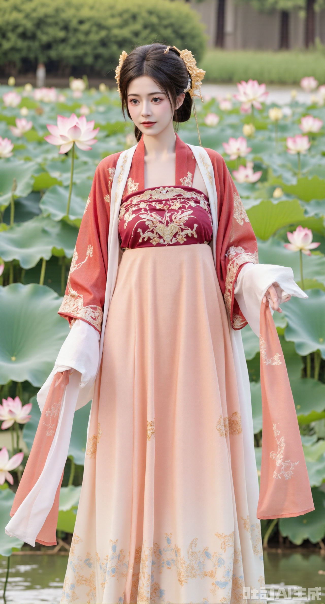 (masterpiece, best quality:1.23),A beautiful girl in a qixiong ruqun of Tang style. She wears a peach - red big sleeve shirt embroidered with complex twisted - branch patterns in gold thread, gorgeous and delicate. Paired with a high - waist skirt of the same color, the skirt hem is embroidered with light - blue narcissus, fresh and refined. She drapes a white pibo shawl over her shoulders, with small flowers embroidered in light - pink silk threads. The girl stands in the mid - lake pavilion of a Chinese - style garden, with blooming lotuses and lush lotus leaves around. Photographed in a Chinese - style and ancient - rhyme style, the picture has a bright color, and the background is blurred to create an artistic conception,(huge breasts, full breasts:2.98)
,Xhanfududou,Xsongzhihanfu,Xlujiajia,Xyanqingfei,XfuqingyunY,Xtangqixiongshanqun,Xfeitianhanfu
