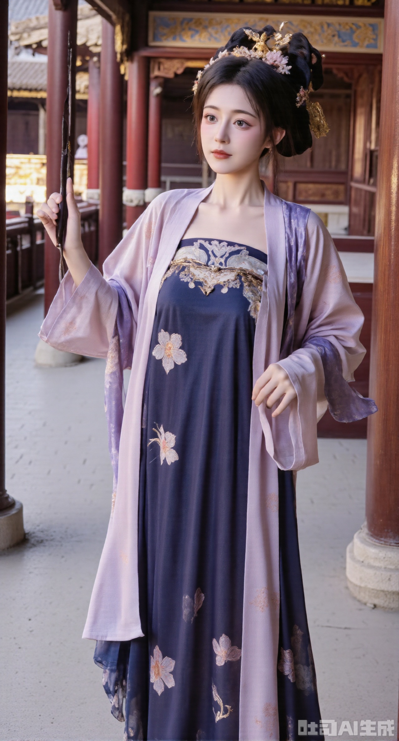 (masterpiece, best quality:1.23),A beautiful girl with a perfect figure and long legs in a qixiong ruqun of Tang system. She wears a lotus - root - colored straight - collar shirt embroidered with light - purple butterflies and flowers, vivid and lively. Paired with a navy - blue high - waist Pleated skirt, the skirt is embroidered with silver cranes, meaning longevity. She drapes a light - purple pibo shawl over her shoulders. The girl stands under the corridor of a Chinese - style courtyard. The corridor has carved railings and painted beams, with red lanterns hanging high. Photographed in a Chinese - style and ancient - rhyme style, the picture is full of traditional charm, and the background is blurred to highlight the girl,(huge breasts, full breasts:2.98)
,Xhanfududou,Xsongzhihanfu,Xlujiajia,Xyanqingfei,XfuqingyunY,Xtangqixiongshanqun,Xfeitianhanfu