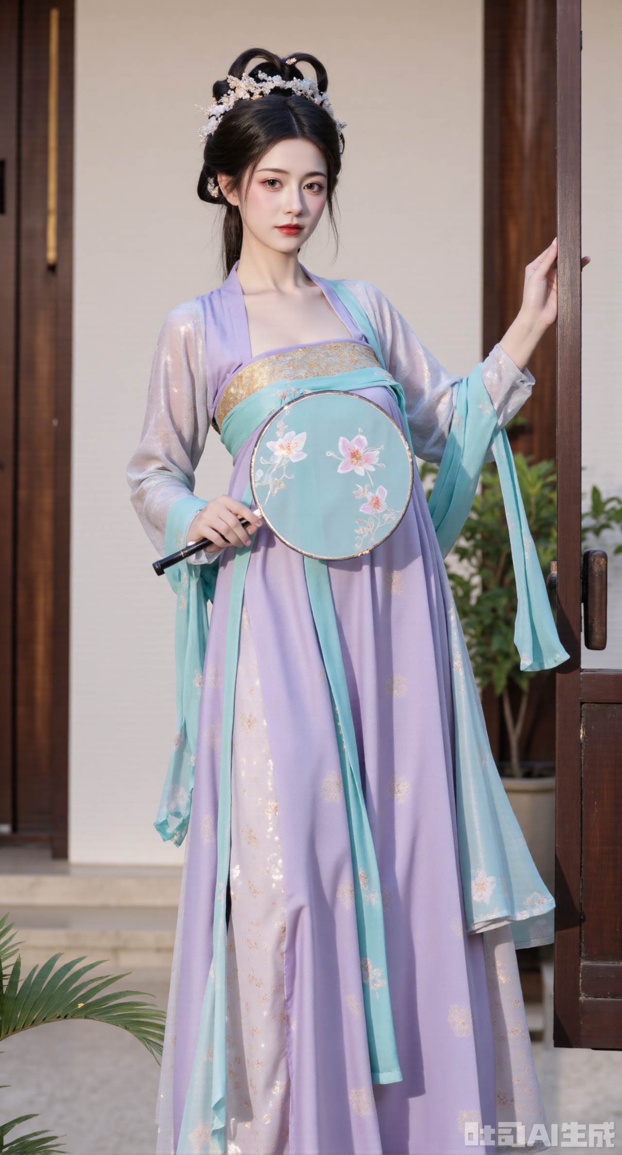 (masterpiece, best quality:1.23),A beautiful girl with a perfect figure and long legs wearing a qixiong shanqun of Tang dynasty hanfu. The light - blue qixiong shirt is as light as gauze, embroidered with butterfly patterns in colorful silk threads, vividly. ,(huge breasts, full breasts:2.58),Paired with a light - purple high - waist Pleated skirt, the skirt hem is embroidered with golden ruyi cloud patterns, meaning good luck. She drapes a light - cyan pibo shawl over her shoulders. The girl holds a round fan painted with orchids, standing in front of the moon - shaped door of a Chinese - style courtyard. There are potted bamboo plants placed beside the door. Presented in a Chinese - style and ancient - rhyme photography style, the picture is full of poetry, and the background is blurred to highlight the subject,(huge breasts, full breasts:2.98)
,Xhanfududou,Xsongzhihanfu,Xlujiajia,Xyanqingfei,XfuqingyunY,Xtangqixiongshanqun,Xfeitianhanfu