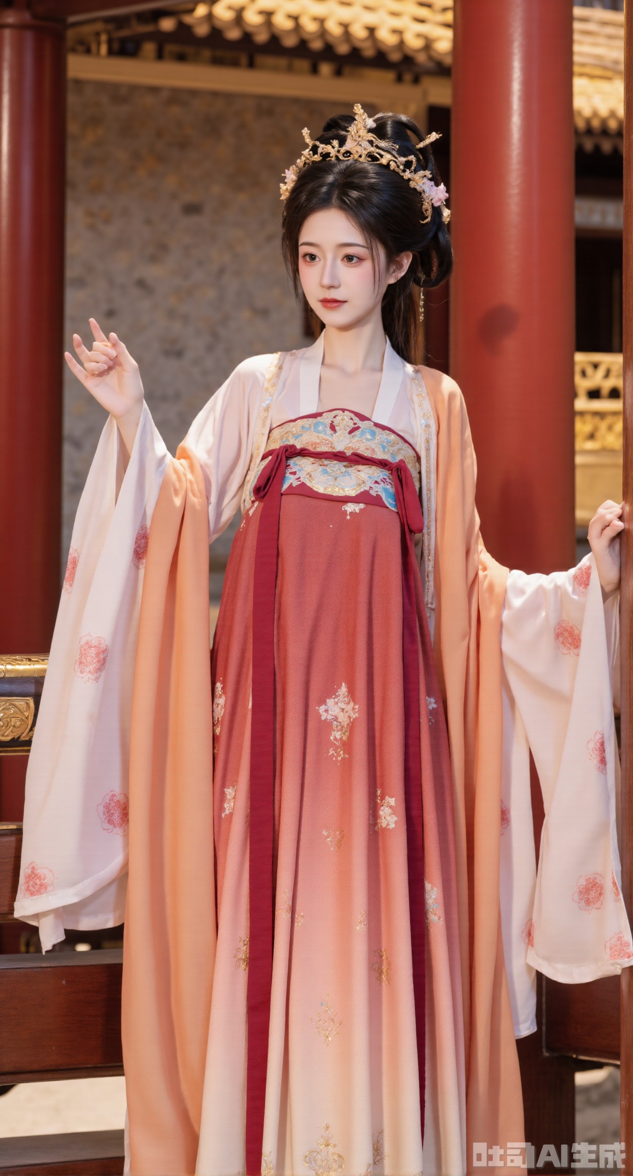 (masterpiece, best quality:1.23),A beautiful girl with a perfect figure and long legs in a chest - high shanqun of Tang system. She wears an off - white straight - collar big sleeve shirt, simple and elegant, with light - pink Chinese flowering crabapples embroidered on the cuffs. Paired with a deep - red high - waist skirt, the skirt shows a pattern of dragon and phoenix bringing prosperity through the brocade - weaving technique, grand and solemn. She drapes an apricot - yellow pibo shawl over her shoulders. The girl stands in front of a magnificent Chinese - style palace with red walls and yellow tiles, showing its majesty. Photographed in a Chinese - style and ancient - rhyme style, the picture is magnificent, and the background is blurred,(huge breasts, full breasts:2.98)
,Xhanfududou,Xsongzhihanfu,Xlujiajia,Xyanqingfei,XfuqingyunY,Xtangqixiongshanqun,Xfeitianhanfu