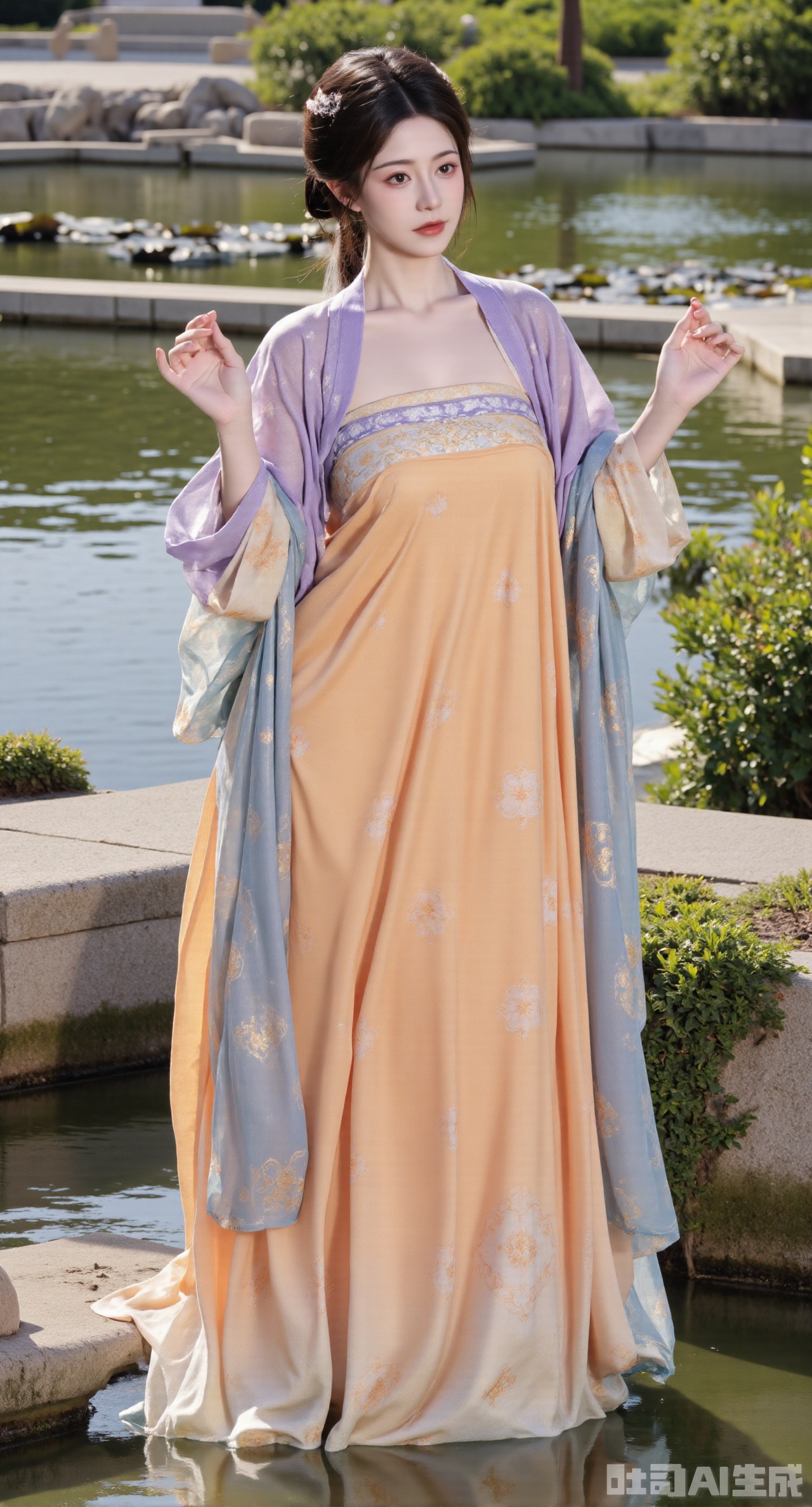 (masterpiece, best quality:1.23),A beautiful girl with a perfect figure and long legs wearing a chest - high shanqun of Tang - style. The light - purple qixiong shirt is embroidered with golden vine - grass patterns, delicate and luxurious. Paired with an orange - yellow high - waist Pleated skirt, the skirt hem is embroidered with light - blue lotuses, fresh and refined. She drapes a light - gray pibo shawl over her shoulders. The girl stands beside the rockery in a Chinese - style garden. The rockery is covered with green moss, and there is gurgling water around. Presented in a Chinese - style and ancient - rhyme photography style, the picture has a harmonious color tone, and the background is blurred to highlight the girl's temperament,(huge breasts, full breasts:2.98)
,Xhanfududou,Xsongzhihanfu,Xlujiajia,Xyanqingfei,XfuqingyunY,Xtangqixiongshanqun,Xfeitianhanfu