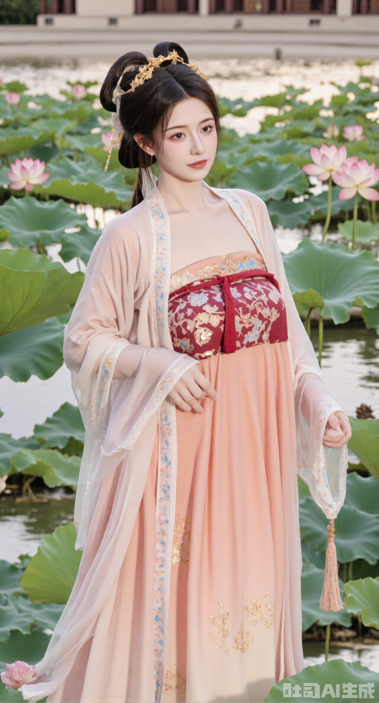 (masterpiece, best quality:1.23),A beautiful girl in a qixiong ruqun of Tang style. She wears a peach - red big sleeve shirt embroidered with complex twisted - branch patterns in gold thread, gorgeous and delicate. Paired with a high - waist skirt of the same color, the skirt hem is embroidered with light - blue narcissus, fresh and refined. She drapes a white pibo shawl over her shoulders, with small flowers embroidered in light - pink silk threads. The girl stands in the mid - lake pavilion of a Chinese - style garden, with blooming lotuses and lush lotus leaves around. Photographed in a Chinese - style and ancient - rhyme style, the picture has a bright color, and the background is blurred to create an artistic conception,(huge breasts, full breasts:2.98)
,Xhanfududou,Xsongzhihanfu,Xlujiajia,Xyanqingfei,XfuqingyunY,Xtangqixiongshanqun,Xfeitianhanfu