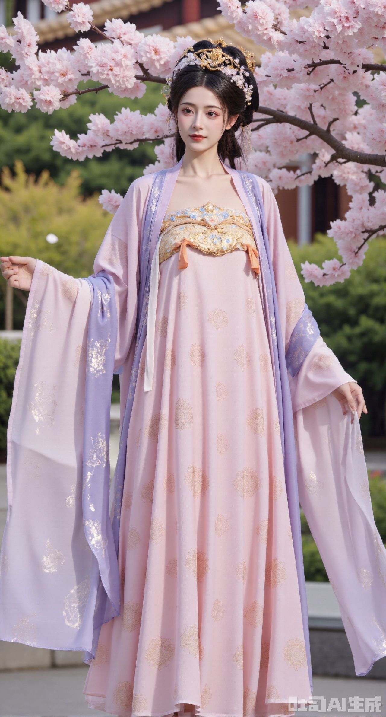 (masterpiece, best quality:1.23),A beautiful girl in a chest - high shanqun of Tang style. She wears a light - pink big sleeve shirt that is light and elegant, embroidered with delicate flower - and - bird embroidery with fine stitches. Paired with a high - waist skirt of the same color system, the skirt is embroidered with peony flower patterns in gold thread, rich and magnificent. She drapes a light - purple pibo shawl over her shoulders, swaying gently in the wind. The girl has a perfect figure and long legs. Standing in an antique Chinese - style courtyard, beside a blooming peach - blossom tree with petals falling, photographed in a Chinese - style and ancient - rhyme photography style. The picture has a soft color tone, and the background is appropriately blurred to highlight the girl's classical beauty,(huge breasts, full breasts:2.98)
,Xhanfududou,Xsongzhihanfu,Xlujiajia,Xyanqingfei,XfuqingyunY,Xtangqixiongshanqun,Xfeitianhanfu