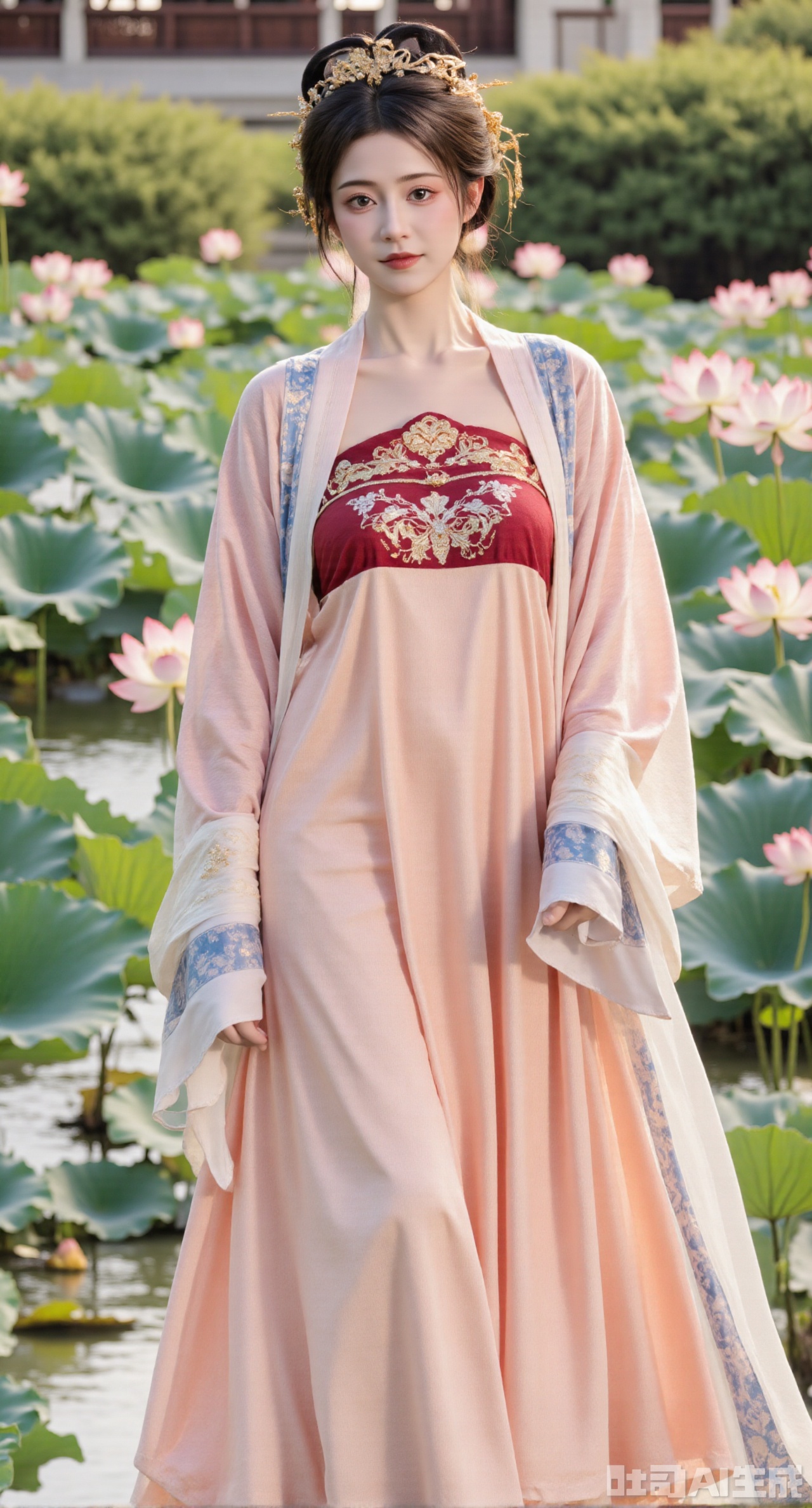 (masterpiece, best quality:1.23),A beautiful girl in a qixiong ruqun of Tang style. She wears a peach - red big sleeve shirt embroidered with complex twisted - branch patterns in gold thread, gorgeous and delicate. Paired with a high - waist skirt of the same color, the skirt hem is embroidered with light - blue narcissus, fresh and refined. She drapes a white pibo shawl over her shoulders, with small flowers embroidered in light - pink silk threads. The girl stands in the mid - lake pavilion of a Chinese - style garden, with blooming lotuses and lush lotus leaves around. Photographed in a Chinese - style and ancient - rhyme style, the picture has a bright color, and the background is blurred to create an artistic conception,(huge breasts, full breasts:2.98)
,Xhanfududou,Xsongzhihanfu,Xlujiajia,Xyanqingfei,XfuqingyunY,Xtangqixiongshanqun,Xfeitianhanfu