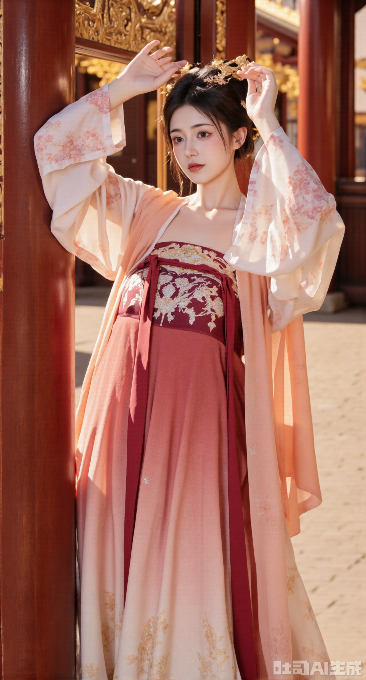 (masterpiece, best quality:1.23),A beautiful girl with a perfect figure and long legs in a chest - high shanqun of Tang system. She wears an off - white straight - collar big sleeve shirt, simple and elegant, with light - pink Chinese flowering crabapples embroidered on the cuffs. Paired with a deep - red high - waist skirt, the skirt shows a pattern of dragon and phoenix bringing prosperity through the brocade - weaving technique, grand and solemn. She drapes an apricot - yellow pibo shawl over her shoulders. The girl stands in front of a magnificent Chinese - style palace with red walls and yellow tiles, showing its majesty. Photographed in a Chinese - style and ancient - rhyme style, the picture is magnificent, and the background is blurred,(huge breasts, full breasts:2.98)
,Xhanfududou,Xsongzhihanfu,Xlujiajia,Xyanqingfei,XfuqingyunY,Xtangqixiongshanqun,Xfeitianhanfu