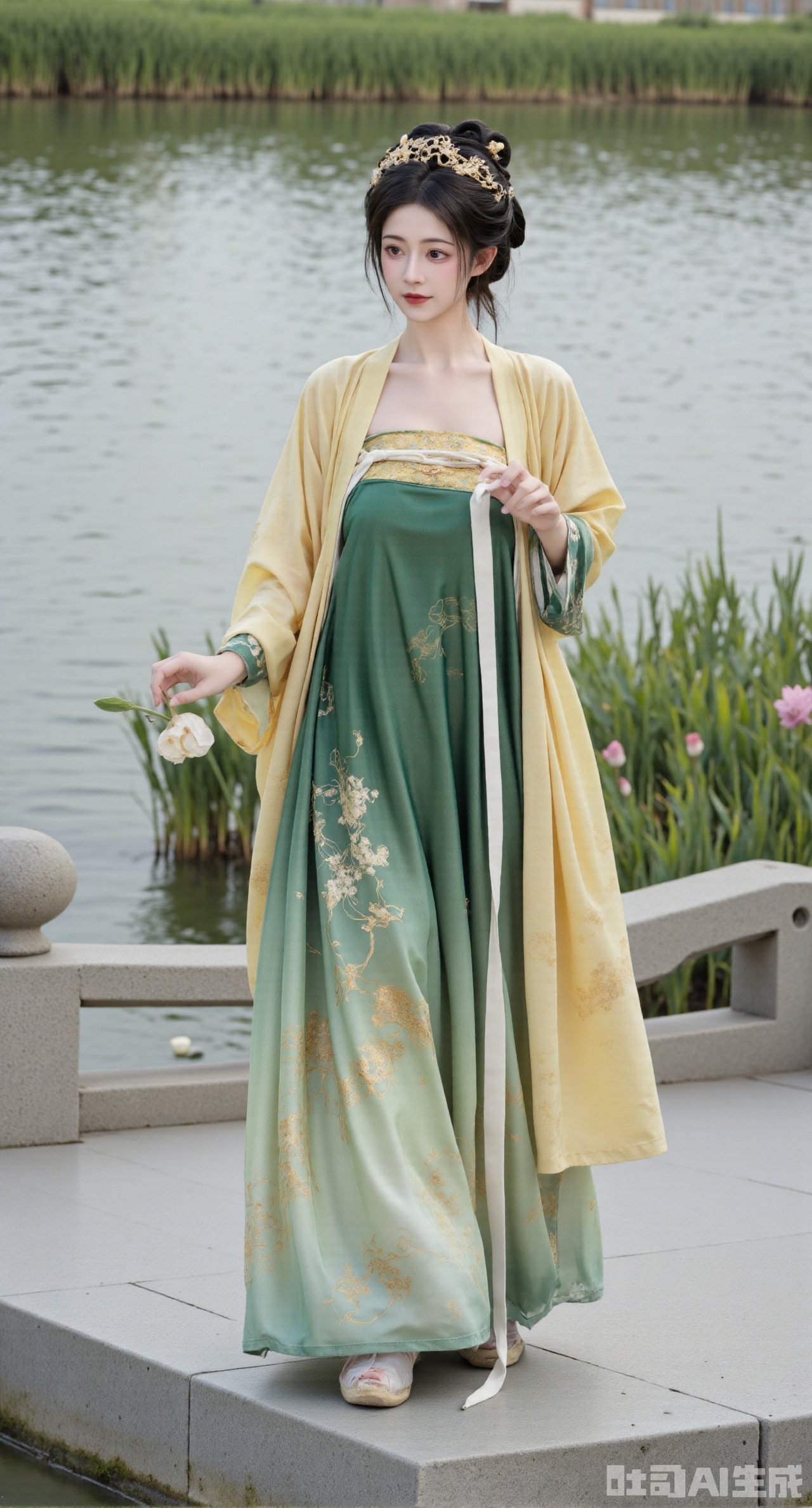 (masterpiece, best quality:1.23),A beautiful girl with a perfect figure and long legs wearing a chest - high shanqun of Tang - style. The light - green qixiong shirt has golden ruyi patterns embroidered on the collar, simple and grand. The dark - green high - waist skirt shows a landscape painting through the kesi technique, simple and elegant. She drapes a light - yellow pibo shawl over her shoulders. The girl stands on an ancient Chinese - style stone bridge. The water is gurgling below the bridge, and there are weeping willows on both banks. Photographed in a Chinese - style and ancient - rhyme photography style, the picture is natural and fresh, and the background is blurred to enhance the sense of hierarchy,(huge breasts, full breasts:2.98)
,Xhanfududou,Xsongzhihanfu,Xlujiajia,Xyanqingfei,XfuqingyunY,Xtangqixiongshanqun,Xfeitianhanfu