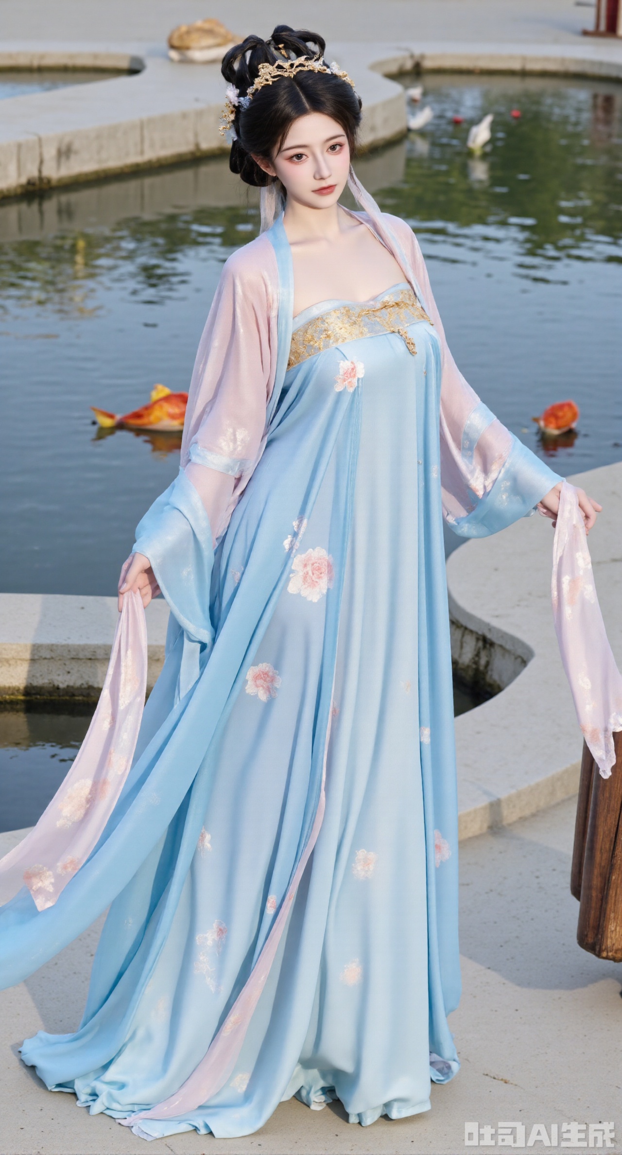 (masterpiece, best quality:1.23),A beautiful girl in a qixiong ruqun of Tang style. She wears a sky - blue big sleeve shirt as light as mist, embroidered with light - pink plum blossoms, fresh and elegant. Paired with a high - waist skirt of the same color system, the skirt is embroidered with golden cloud patterns, elegant and agile. She drapes a white pibo shawl over her shoulders. The girl holds a jade flute, standing by the pond in a Chinese - style courtyard. Goldfish are playing in the pond. Photographed in a Chinese - style and ancient - rhyme photography style, the picture is quiet and beautiful, and the background is blurred to create an atmosphere,(huge breasts, full breasts:2.98)
,Xhanfududou,Xsongzhihanfu,Xlujiajia,Xyanqingfei,XfuqingyunY,Xtangqixiongshanqun,Xfeitianhanfu