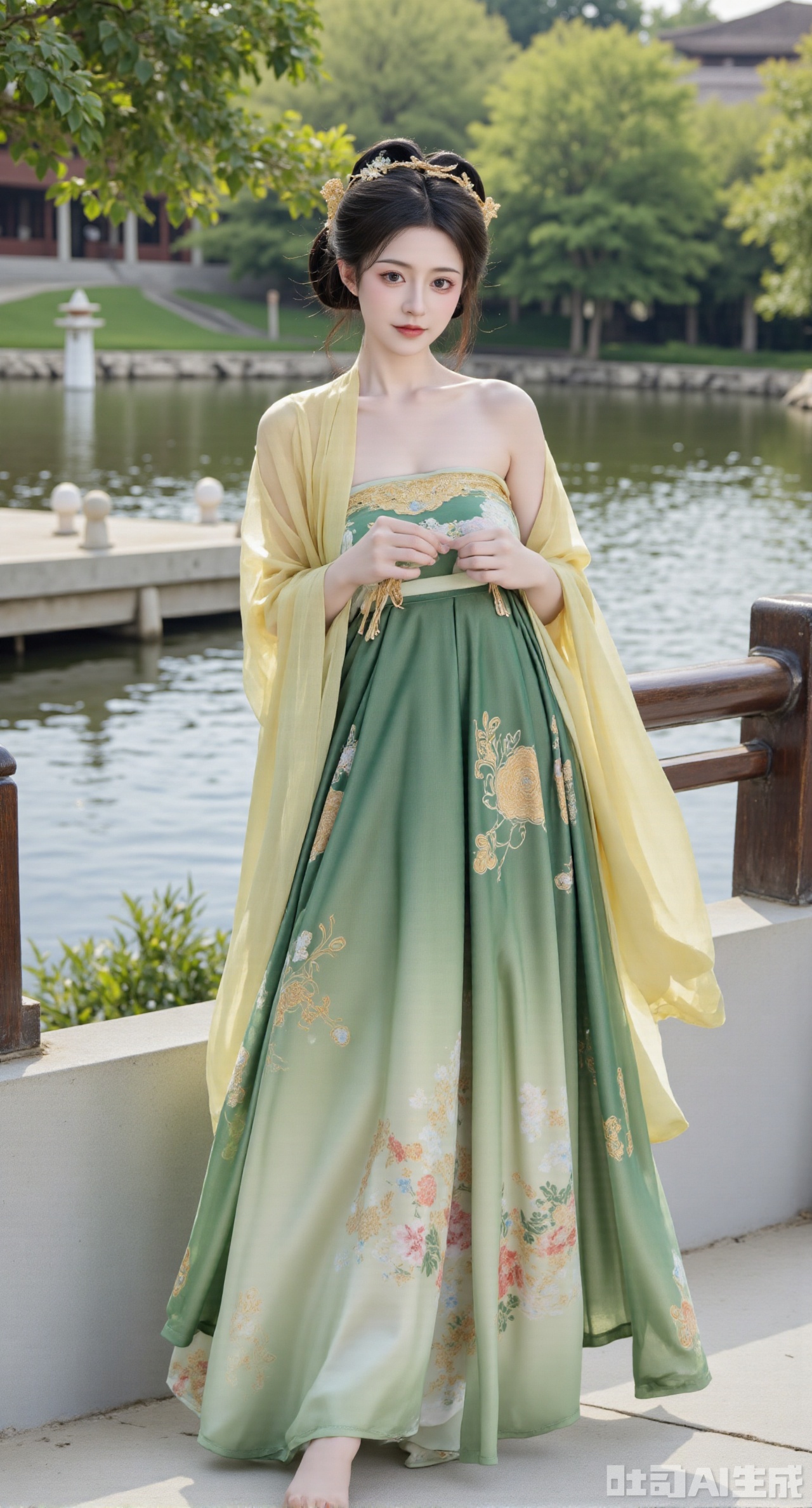 (masterpiece, best quality:1.23),A beautiful girl with a perfect figure and long legs wearing a chest - high shanqun of Tang - style. The light - green qixiong shirt has golden ruyi patterns embroidered on the collar, simple and grand. The dark - green high - waist skirt shows a landscape painting through the kesi technique, simple and elegant. She drapes a light - yellow pibo shawl over her shoulders. The girl stands on an ancient Chinese - style stone bridge. The water is gurgling below the bridge, and there are weeping willows on both banks. Photographed in a Chinese - style and ancient - rhyme photography style, the picture is natural and fresh, and the background is blurred to enhance the sense of hierarchy,(huge breasts, full breasts:2.98)
,Xhanfududou,Xsongzhihanfu,Xlujiajia,Xyanqingfei,XfuqingyunY,Xtangqixiongshanqun,Xfeitianhanfu