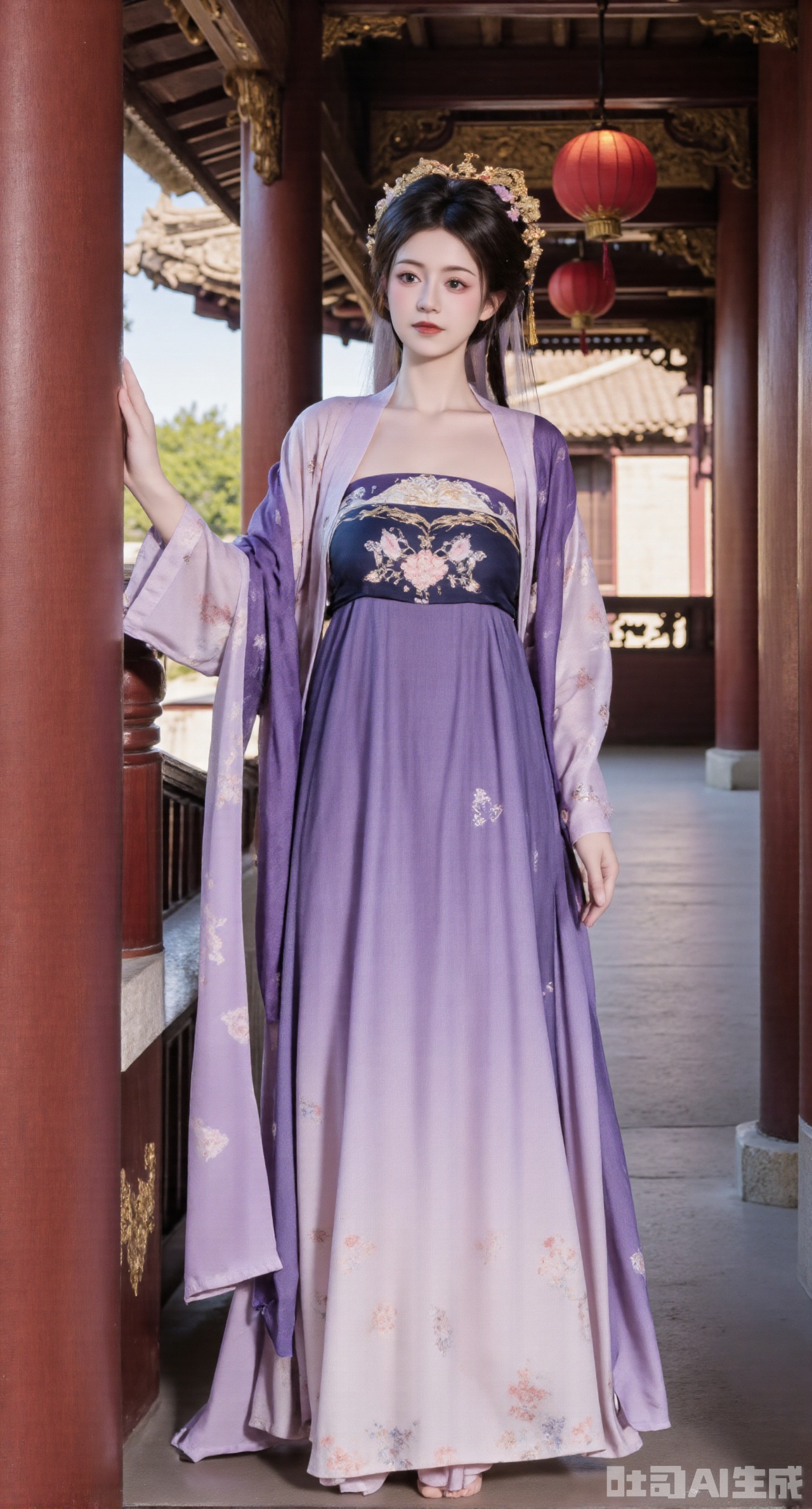 (masterpiece, best quality:1.23),A beautiful girl with a perfect figure and long legs in a qixiong ruqun of Tang system. She wears a lotus - root - colored straight - collar shirt embroidered with light - purple butterflies and flowers, vivid and lively. Paired with a navy - blue high - waist Pleated skirt, the skirt is embroidered with silver cranes, meaning longevity. She drapes a light - purple pibo shawl over her shoulders. The girl stands under the corridor of a Chinese - style courtyard. The corridor has carved railings and painted beams, with red lanterns hanging high. Photographed in a Chinese - style and ancient - rhyme style, the picture is full of traditional charm, and the background is blurred to highlight the girl,(huge breasts, full breasts:2.98)
,Xhanfududou,Xsongzhihanfu,Xlujiajia,Xyanqingfei,XfuqingyunY,Xtangqixiongshanqun,Xfeitianhanfu