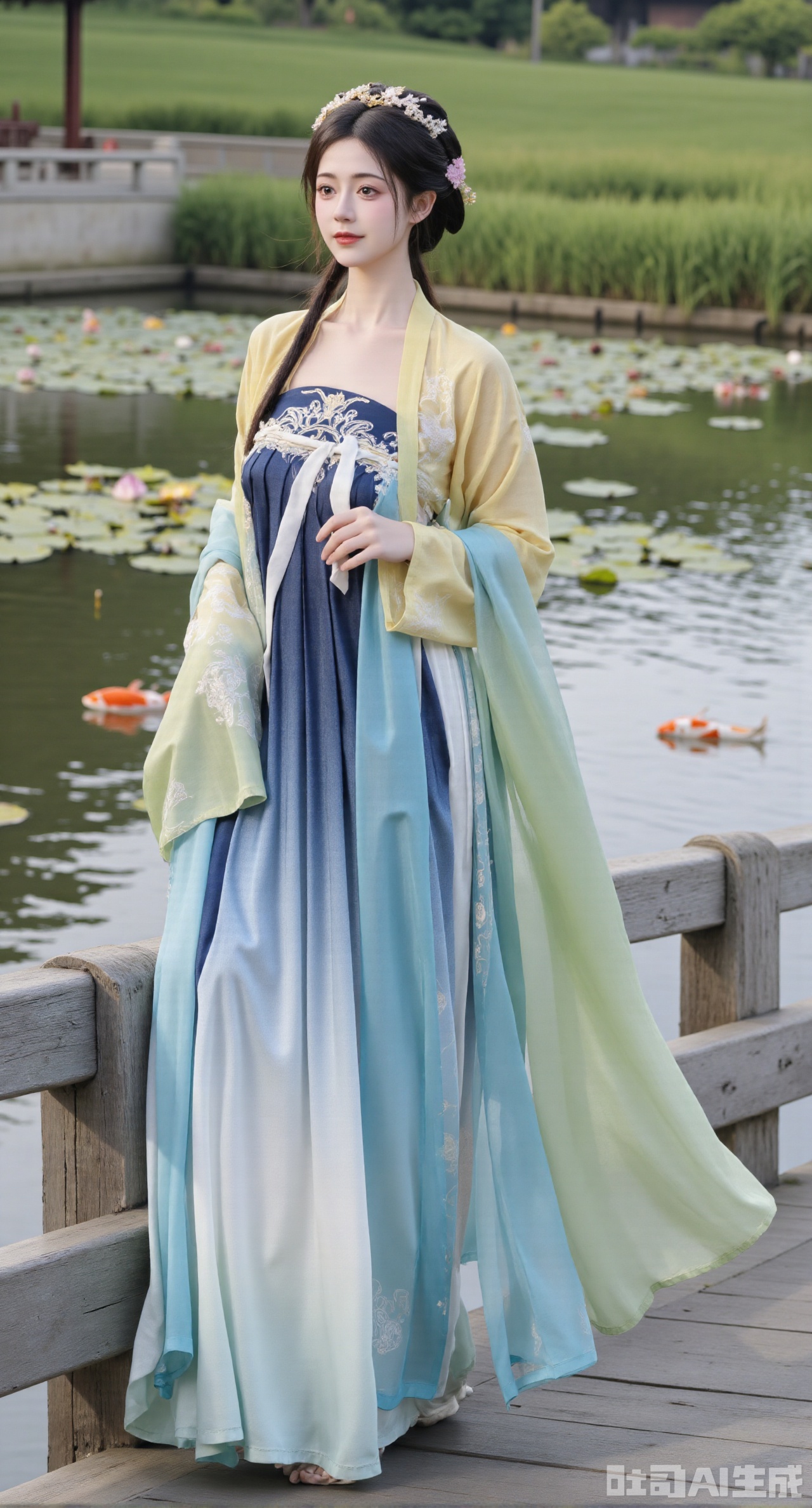 (masterpiece, best quality:1.23),A beautiful girl with a perfect figure and long legs wearing a qixiong ruqun of Tang - style. The goose - yellow qixiong ru is embroidered with light - blue scroll - grass patterns with smooth lines. The navy - blue high - waist Pleated skirt is embroidered with white plum blossoms, fresh and elegant. She drapes a light - green pibo shawl over her shoulders, with silver - thread patterns embroidered on the edge. The girl stands on the zig - zag bridge in a Chinese - style garden. The lake water below the bridge is clear, and koi fish are swimming. Presented with Chinese - style and ancient - rhyme photography techniques, the picture has a fresh color tone, and the background is blurred to highlight the girl's elegant temperament,(huge breasts, full breasts:2.98)
,Xhanfududou,Xsongzhihanfu,Xlujiajia,Xyanqingfei,XfuqingyunY,Xtangqixiongshanqun,Xfeitianhanfu