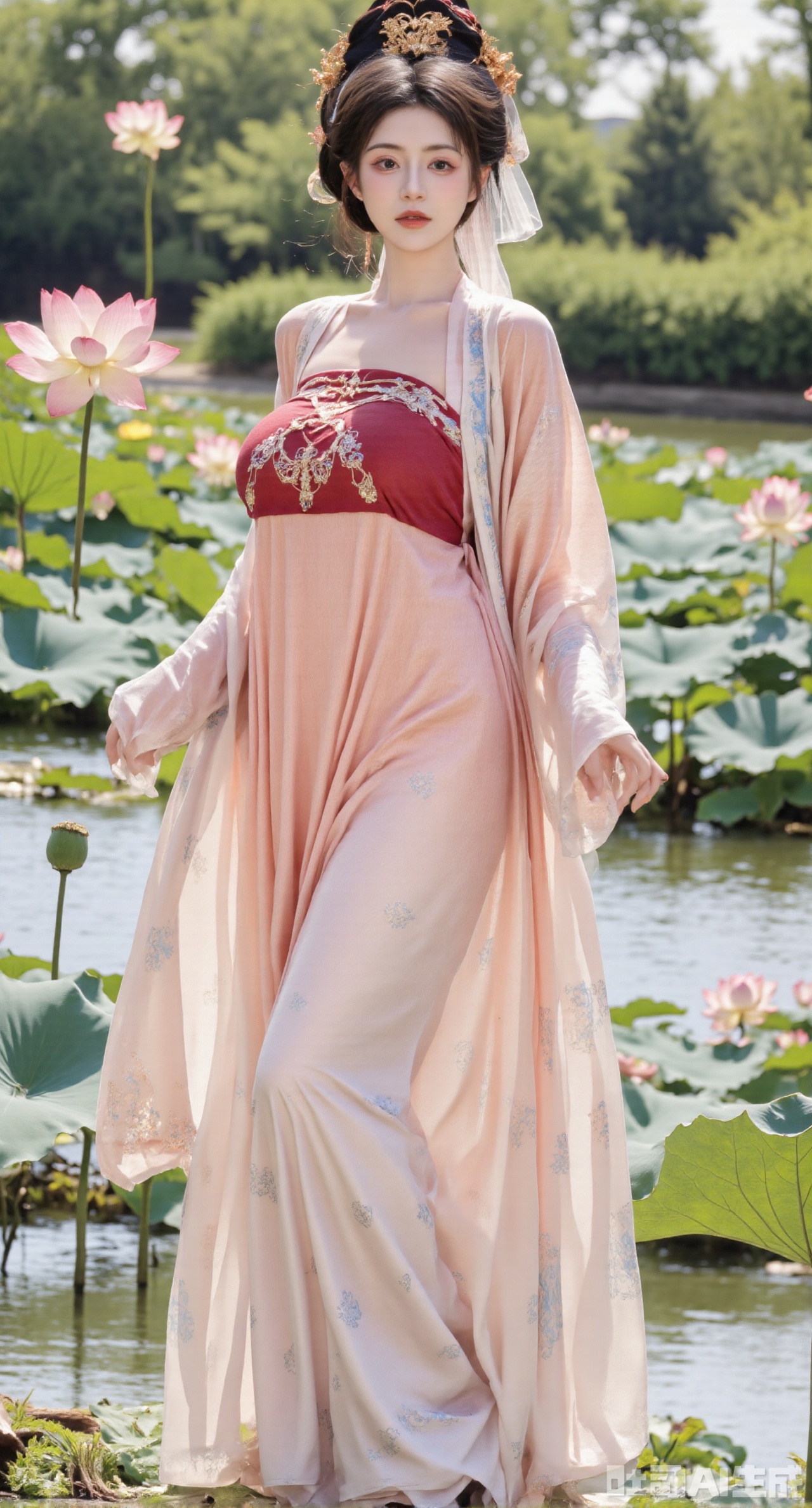 (masterpiece, best quality:1.23),A beautiful girl in a qixiong ruqun of Tang style. She wears a peach - red big sleeve shirt embroidered with complex twisted - branch patterns in gold thread, gorgeous and delicate. Paired with a high - waist skirt of the same color, the skirt hem is embroidered with light - blue narcissus, fresh and refined. She drapes a white pibo shawl over her shoulders, with small flowers embroidered in light - pink silk threads. The girl stands in the mid - lake pavilion of a Chinese - style garden, with blooming lotuses and lush lotus leaves around. Photographed in a Chinese - style and ancient - rhyme style, the picture has a bright color, and the background is blurred to create an artistic conception,(huge breasts, full breasts:2.98)
,Xhanfududou,Xsongzhihanfu,Xlujiajia,Xyanqingfei,XfuqingyunY,Xtangqixiongshanqun,Xfeitianhanfu