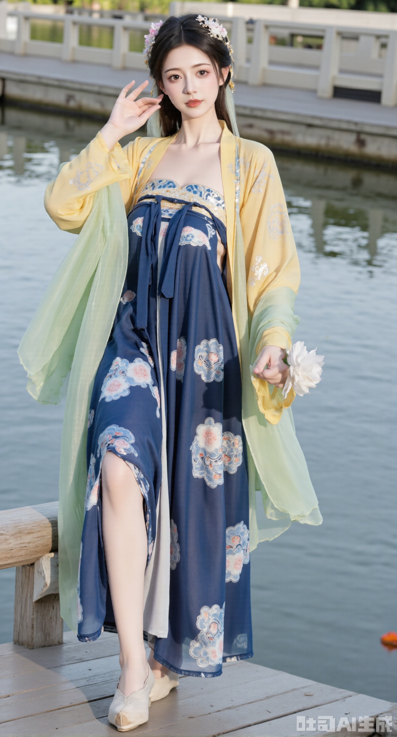(masterpiece, best quality:1.23),A beautiful girl with a perfect figure and long legs wearing a qixiong ruqun of Tang - style. The goose - yellow qixiong ru is embroidered with light - blue scroll - grass patterns with smooth lines. The navy - blue high - waist Pleated skirt is embroidered with white plum blossoms, fresh and elegant. She drapes a light - green pibo shawl over her shoulders, with silver - thread patterns embroidered on the edge. The girl stands on the zig - zag bridge in a Chinese - style garden. The lake water below the bridge is clear, and koi fish are swimming. Presented with Chinese - style and ancient - rhyme photography techniques, the picture has a fresh color tone, and the background is blurred to highlight the girl's elegant temperament,(huge breasts, full breasts:2.98)
,Xhanfududou,Xsongzhihanfu,Xlujiajia,Xyanqingfei,XfuqingyunY,Xtangqixiongshanqun,Xfeitianhanfu