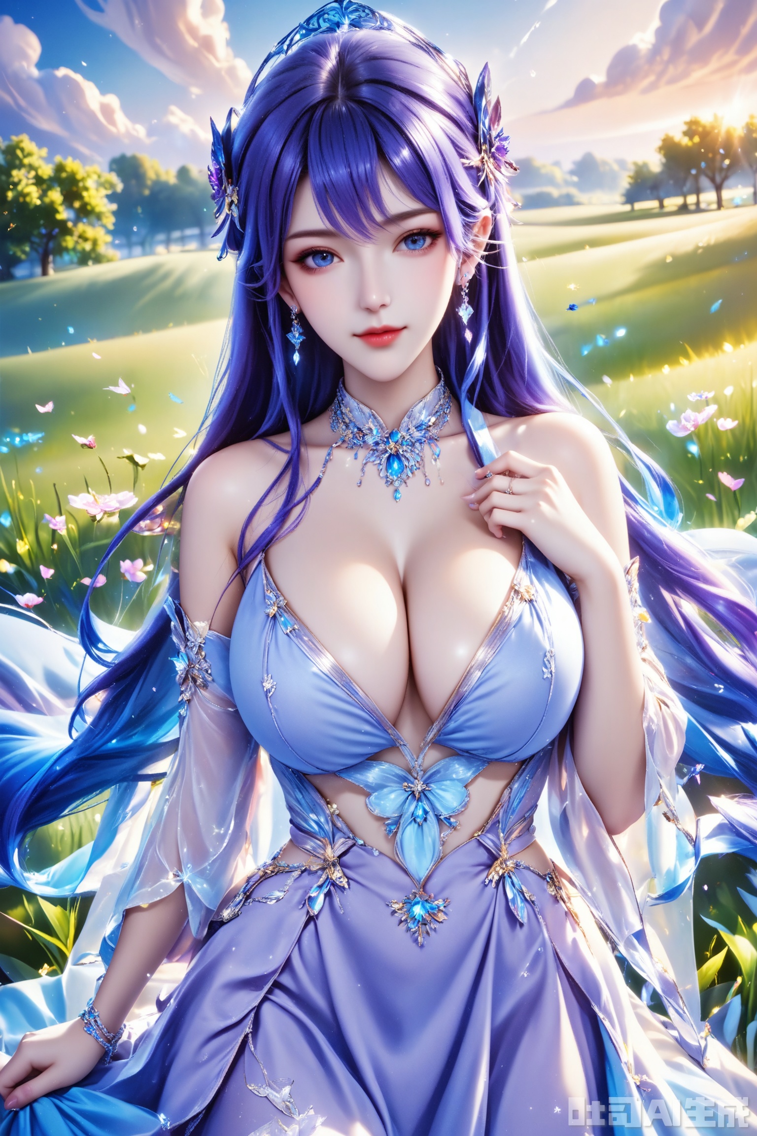 score_9,score_8_up,1girl, solo, long hair, breasts, looking at viewer, blue eyes, large breasts, hair ornament, dress, cleavage, bare shoulders, jewelry, blue hair, earrings, detached sleeves,white dress,  blue dress,The Purple Dress,Purple hair,masterpiece,best quality,official art,extremely detailed CG unity 8k wallpaper,upper body,looking at viewer,in a meadow,in a meadow,