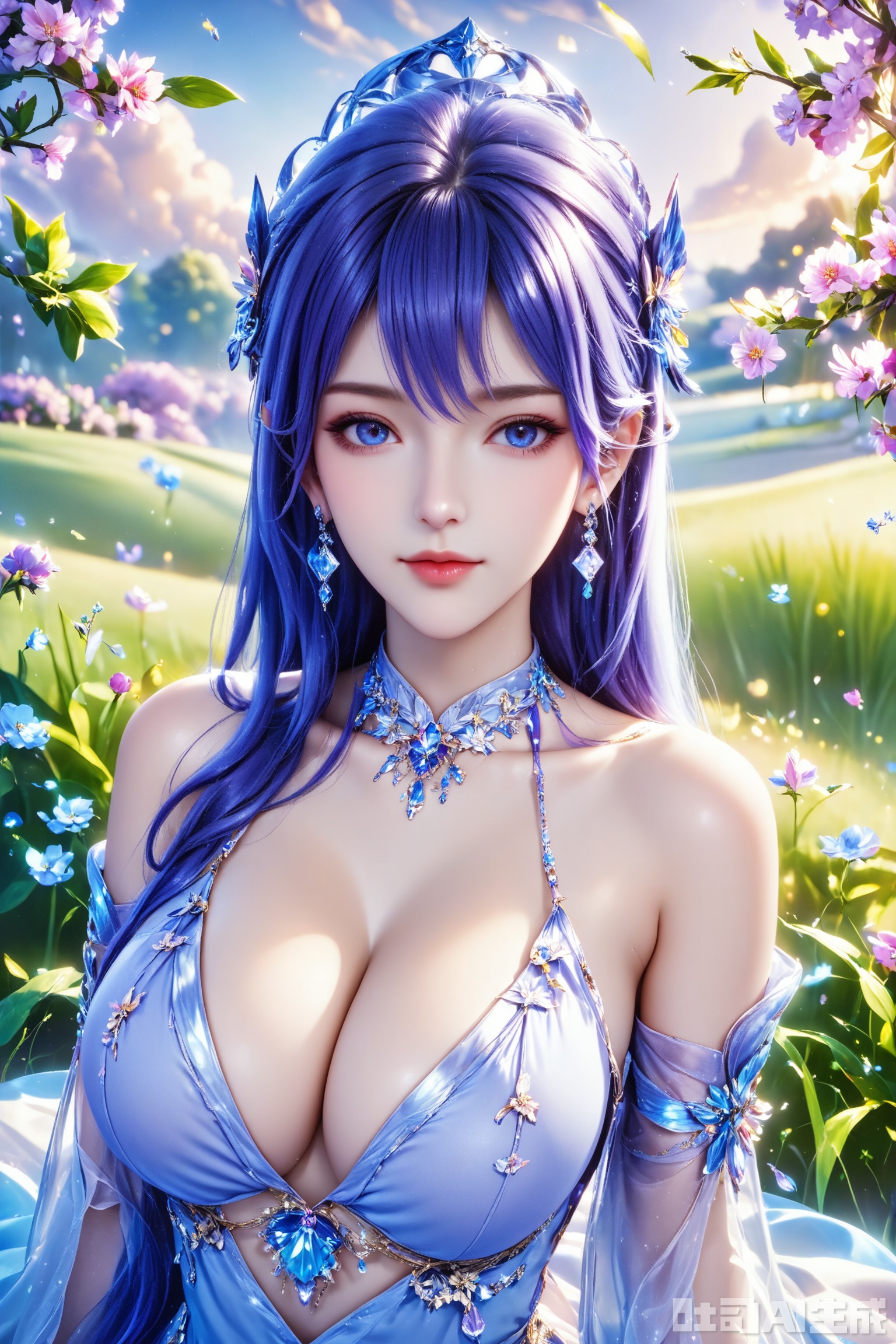 score_9,score_8_up,1girl, solo, long hair, breasts, looking at viewer, blue eyes, large breasts, hair ornament, dress, cleavage, bare shoulders, jewelry, blue hair, earrings, detached sleeves,white dress,  blue dress,The Purple Dress,Purple hair,masterpiece,best quality,official art,extremely detailed CG unity 8k wallpaper,upper body,looking at viewer,in a meadow,in a meadow,