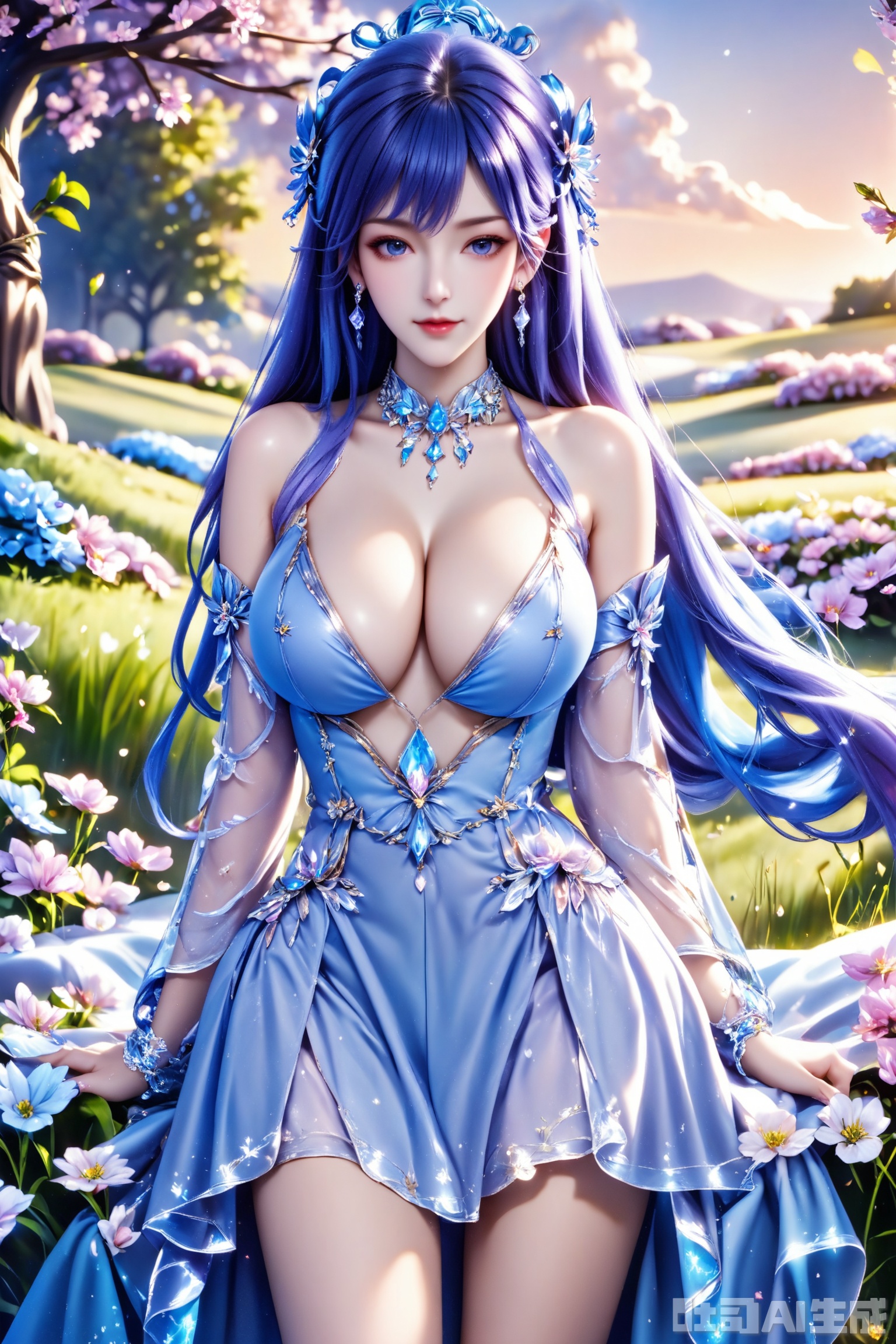 score_9,score_8_up,1girl, solo, long hair, breasts, looking at viewer, blue eyes, large breasts, hair ornament, dress, cleavage, bare shoulders, jewelry, blue hair, earrings, detached sleeves,white dress,  blue dress,The Purple Dress,Purple hair,masterpiece,best quality,official art,extremely detailed CG unity 8k wallpaper,upper body,looking at viewer,in a meadow,in a meadow,