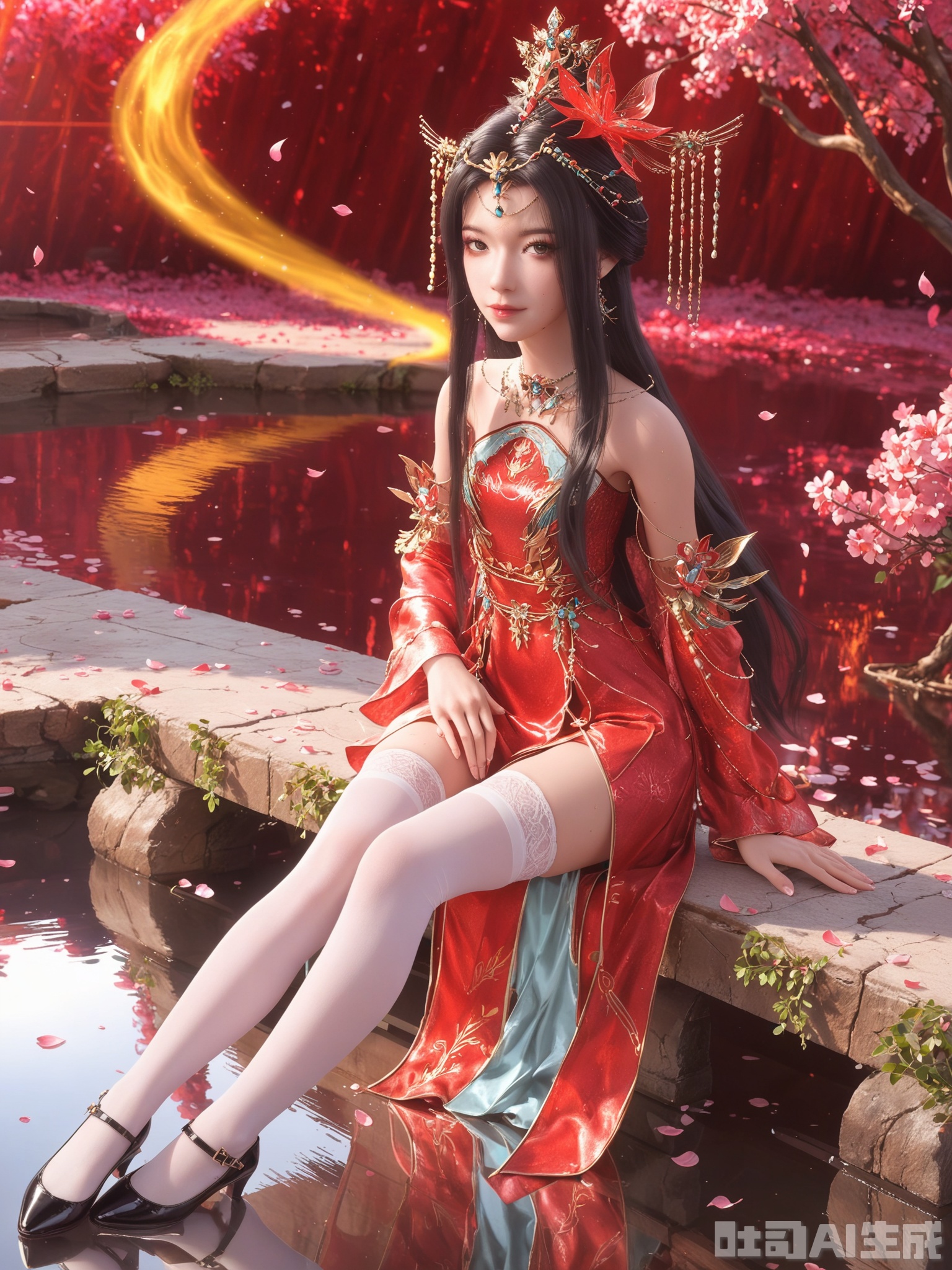score_9,score_8_up,score_7_up,realistic,photorealistic,1girl,looking_at_viewer,realistic,dynamic poses,1girl,Vivid Colors,bright environment,delicate water,hair_ornament,shiny hair,reflection,dress,flower sea,falling petals,extreme detail description,(upper body:0.3),put one hand on your side,(skindentation:1.3),bright,sunshine on face,light,sweating,pink dress,light,sitting_down,hair,(skinny:1.3),lower leg,thin legs,slim hips,very slender legs,dress,white thighhighs,,glowing,sunshine,bright,reflection,red dress,chinese_clothes,