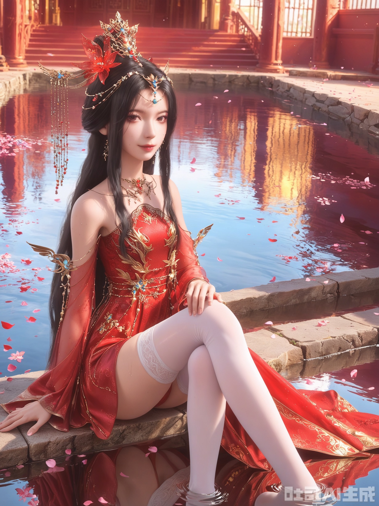 score_9,score_8_up,score_7_up,realistic,photorealistic,1girl,looking_at_viewer,realistic,dynamic poses,1girl,Vivid Colors,bright environment,delicate water,hair_ornament,shiny hair,reflection,dress,flower sea,falling petals,extreme detail description,(upper body:0.3),put one hand on your side,(skindentation:1.3),bright,sunshine on face,light,sweating,pink dress,light,sitting_down,hair,(skinny:1.3),lower leg,thin legs,slim hips,very slender legs,dress,white thighhighs,,glowing,sunshine,bright,reflection,red dress,chinese_clothes
