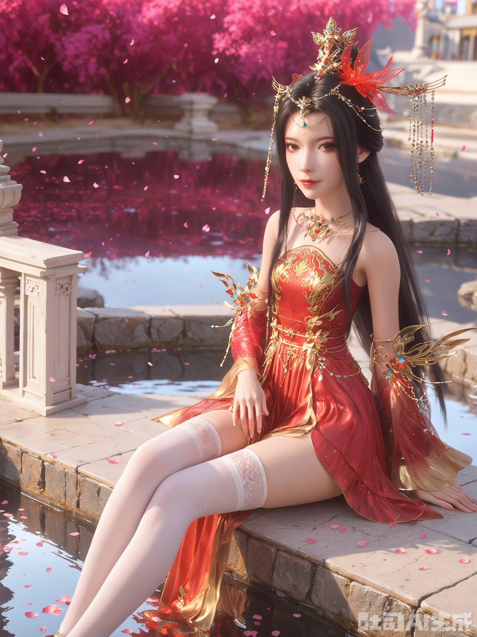 score_9,score_8_up,score_7_up,realistic,photorealistic,1girl,looking_at_viewer,realistic,dynamic poses,1girl,Vivid Colors,bright environment,delicate water,hair_ornament,shiny hair,reflection,dress,flower sea,falling petals,extreme detail description,(upper body:0.6),put one hand on your side,(skindentation:1.3),bright,sunshine on face,light,sweating,pink dress,light,sitting_down,hair,(skinny:1.3),lower leg,thin legs,slim hips,very slender legs,dress,white thighhighs,,glowing,sunshine,bright,reflection,red dress,chinese_clothes,