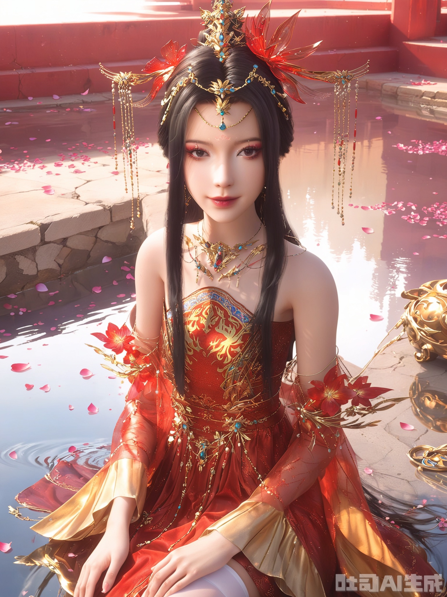 score_9,score_8_up,score_7_up,realistic,photorealistic,1girl,looking_at_viewer,realistic,dynamic poses,1girl,Vivid Colors,bright environment,delicate water,hair_ornament,jewelry,shiny hair,shiny,reflection,dress,flower,falling petals,extreme detail description,(upper body:1),put one hand on your side,(skindentation:1.3),bright,sunshine on face,light,light,sitting_down,(skinny:1.3),white thighhighs,glowing,sunshine,bright,reflection,red dress,chinese_clothes,portrait
