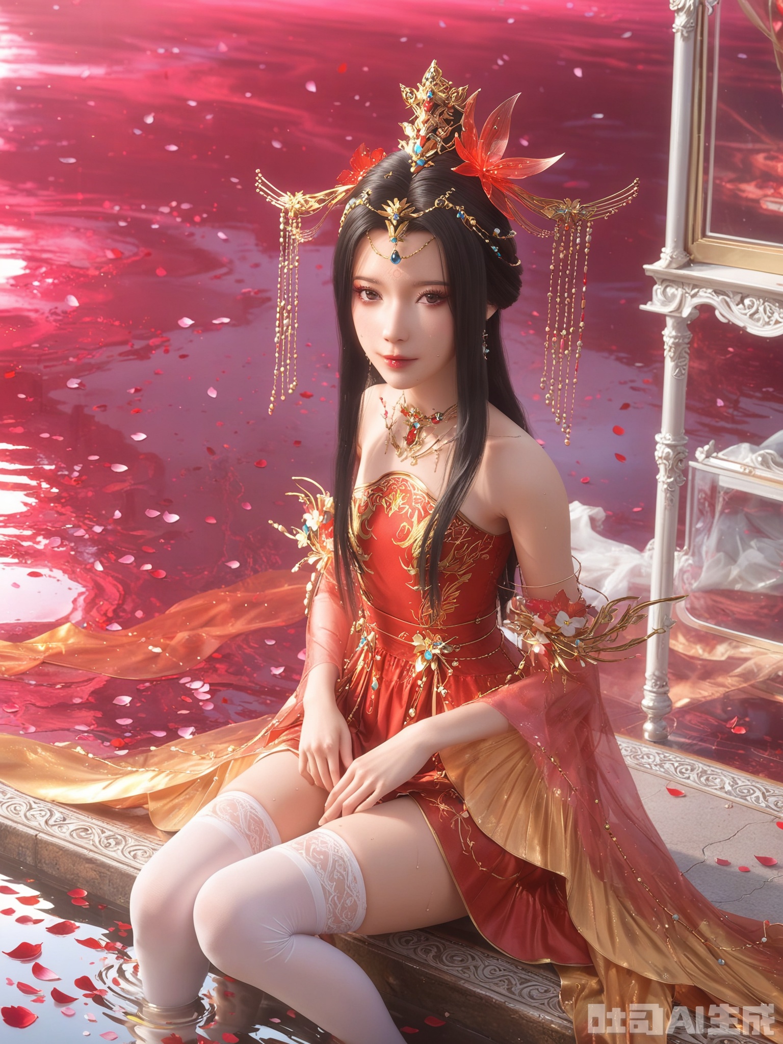 score_9,score_8_up,score_7_up,realistic,photorealistic,1girl,looking_at_viewer,realistic,dynamic poses,1girl,Vivid Colors,bright environment,delicate water,hair_ornament,shiny hair,reflection,dress,flower sea,falling petals,extreme detail description,(upper body:0.3),put one hand on your side,(skindentation:1.3),bright,sunshine on face,light,sweating,pink dress,light,sitting_down,hair,(skinny:1.3),lower leg,thin legs,slim hips,very slender legs,dress,white thighhighs,,glowing,sunshine,bright,reflection,red dress,chinese_clothes,
