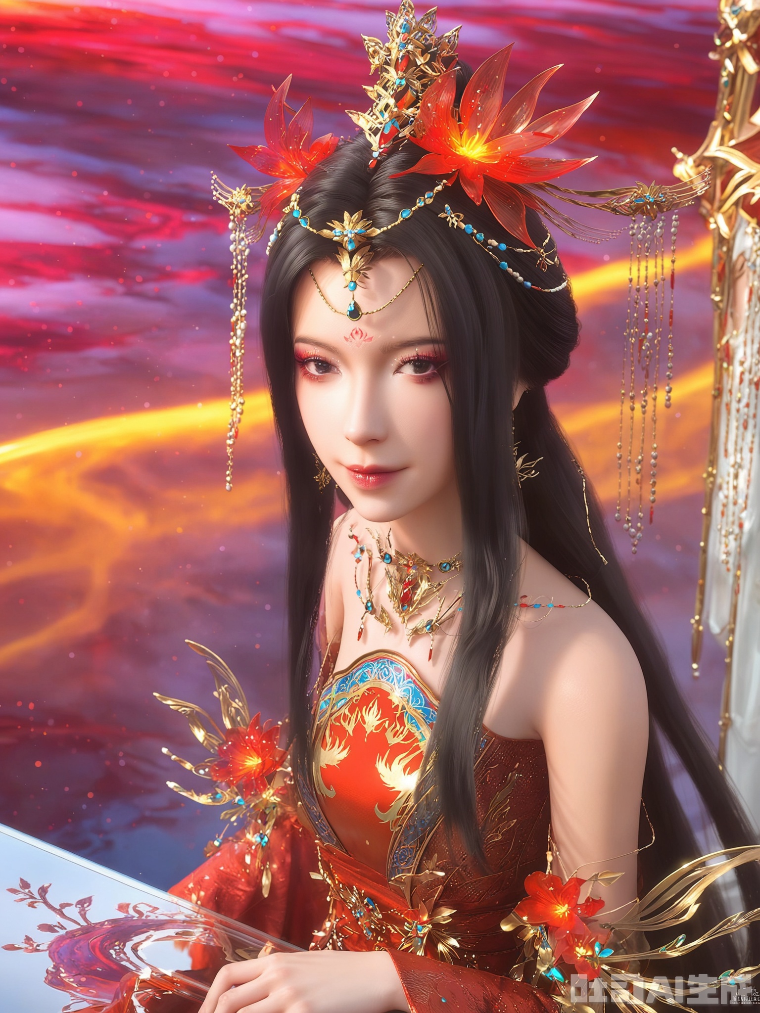 score_9,score_8_up,score_7_up,realistic,photorealistic,1girl,looking_at_viewer,realistic,dynamic poses,1girl,Vivid Colors,bright environment,delicate water,hair_ornament,jewelry,shiny hair,shiny,reflection,dress,flower,extreme detail description,(upper body:1),put one hand on your side,(skindentation:1.3),bright,sunshine on face,light,light,sitting_down,(skinny:1),white thighhighs,glowing,sunshine,bright,reflection,red dress,chinese_clothes,portrait,Forehead marking