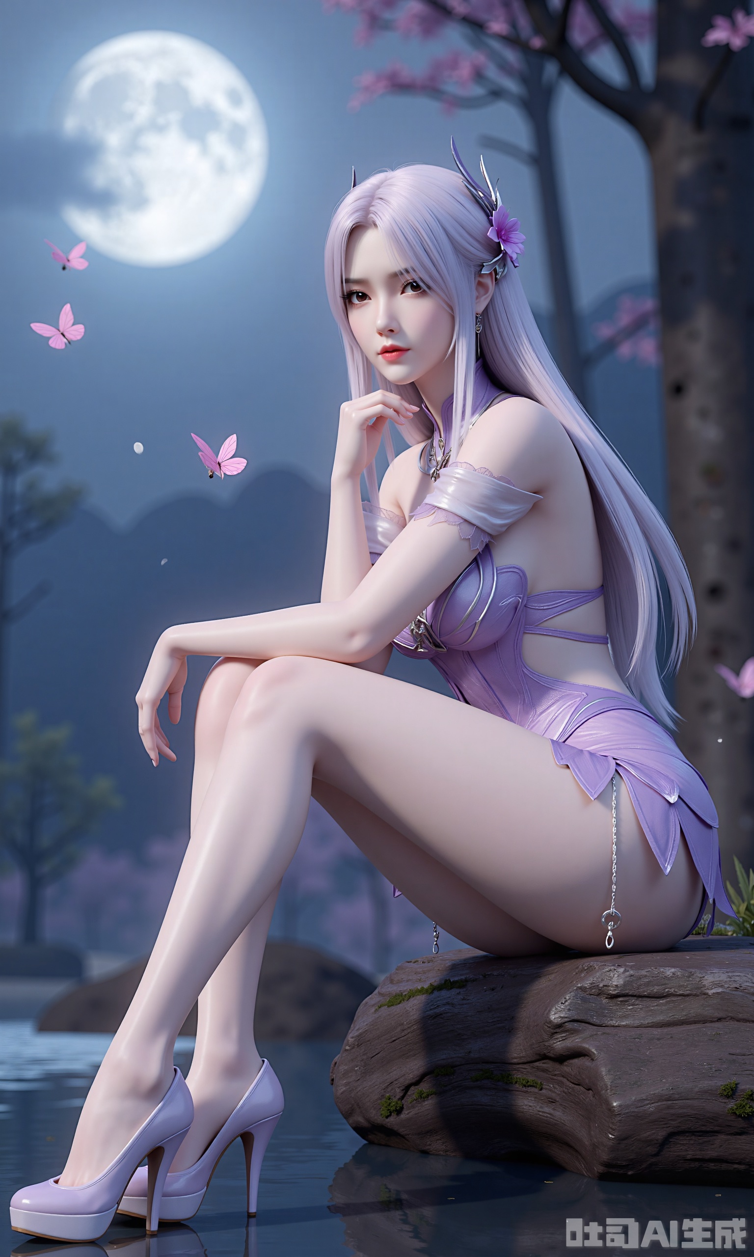 This is a 3D style virtual character illustration. In the picture, a female character wearing lilac clothes and light-colored high heels sits gracefully on the wood by the water. Her hair is decorated with feathers and flowers, and the background is the woods under the moonlit night, with butterflies flying and small flowers embellishing, creating a dreamy and mysterious atmosphere.